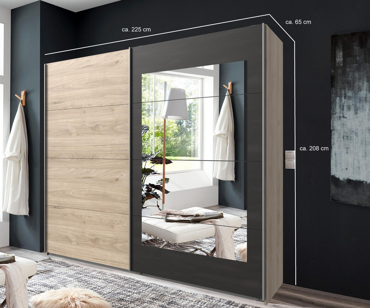 SCHWEBETÜRENSCHRANK 2-türig B225/H208/T65 cm in Eichen-Dekor mit Absetzungen in grauer Stahl-Optik / 22002 - Eichefarben/Alufarben, Holzwerkstoff/Metall (225/208/65cm) - luma-home