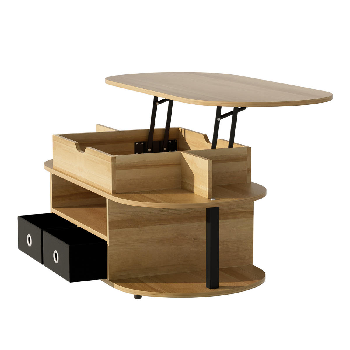 COUCHTISCH 105/50/60 cm Holzmaserung mit Hebefunktion und 2 Stoffschubladen - Schwarz, Holzwerkstoff (105/50/60cm) - OKWISH
