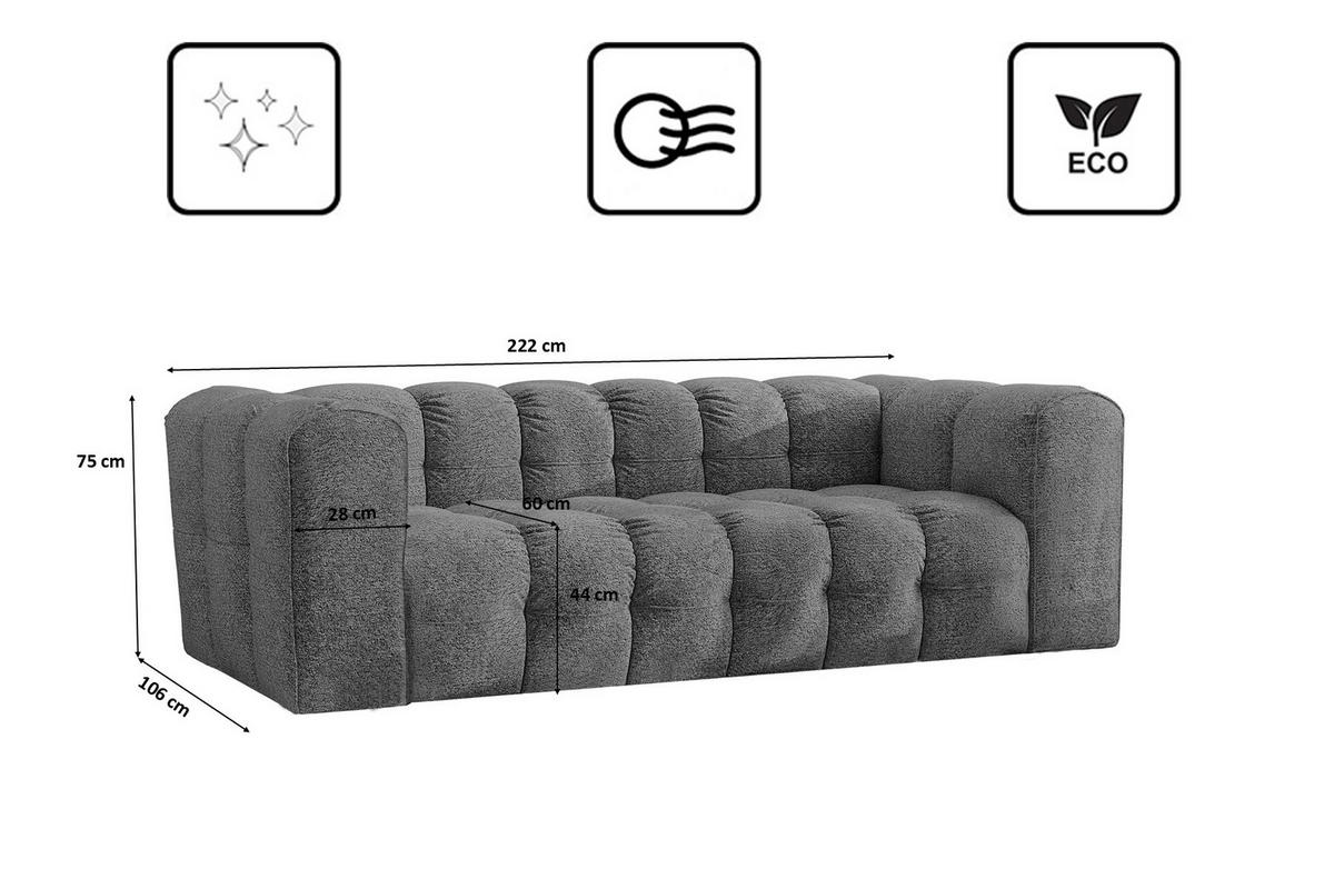 SOFA 3-Sitzer, Komfort, BALOO, Stoff Schenille & Bouclé, Anthrazit - Anthrazit, Holz (222/75/106cm) - Kaiser Möbel