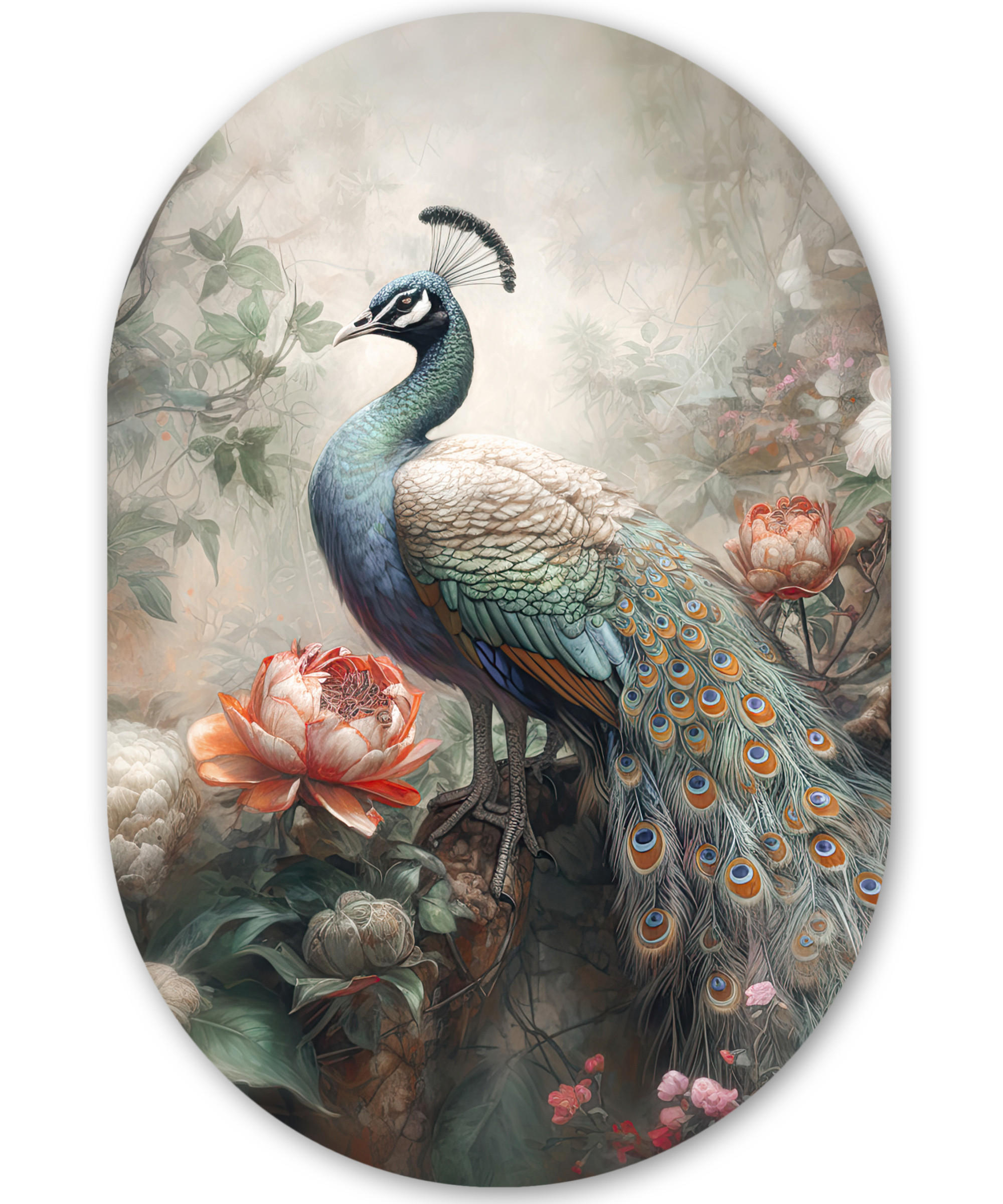 WANDBILD Pfau - Pfauenfedern - Vogel - Dschungel - Blumen 40x60 cm - Smaragdgrün, Kunststoff (40/60cm) - MuchoWow