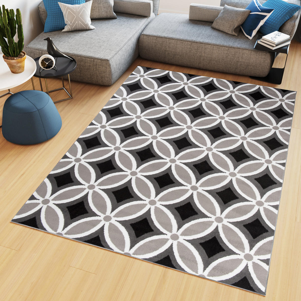 TEPPICH MAYA Schwarz Geometrisch Mosaik Karo 140/200 cm - Grau, Textil (140/200cm) - Tapiso