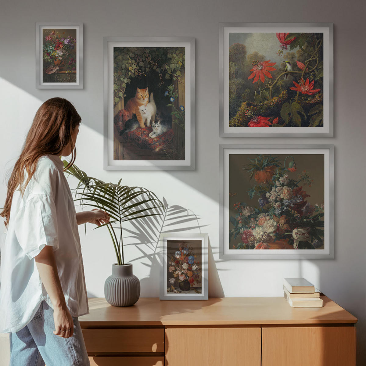 WANDBILDER 5er Set - 50x50 cm & 20x30 cm & 40x60 cm Silberner Rahmen - Vintage-Blumen, Katzen, Pflanzen - Silberfarben, Kunststoff (40/60cm) - ArtPrintCave
