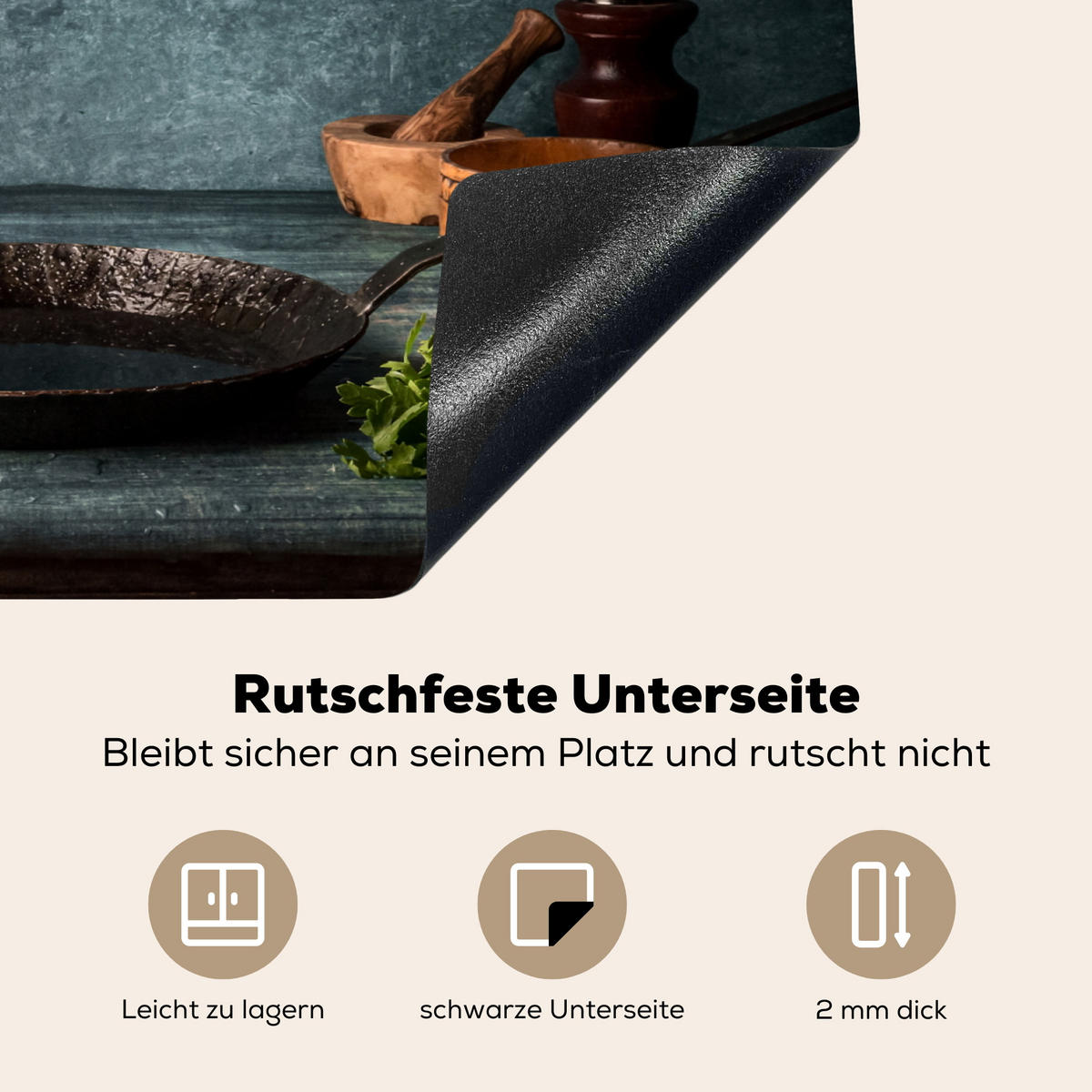 HERDABDECKPLATTE Kräuter - Gewürze - Pfanne - Messer - Grau - Rustikal 65x52 cm - Petrol, Kunststoff (65/0.2/52cm) - MuchoWow