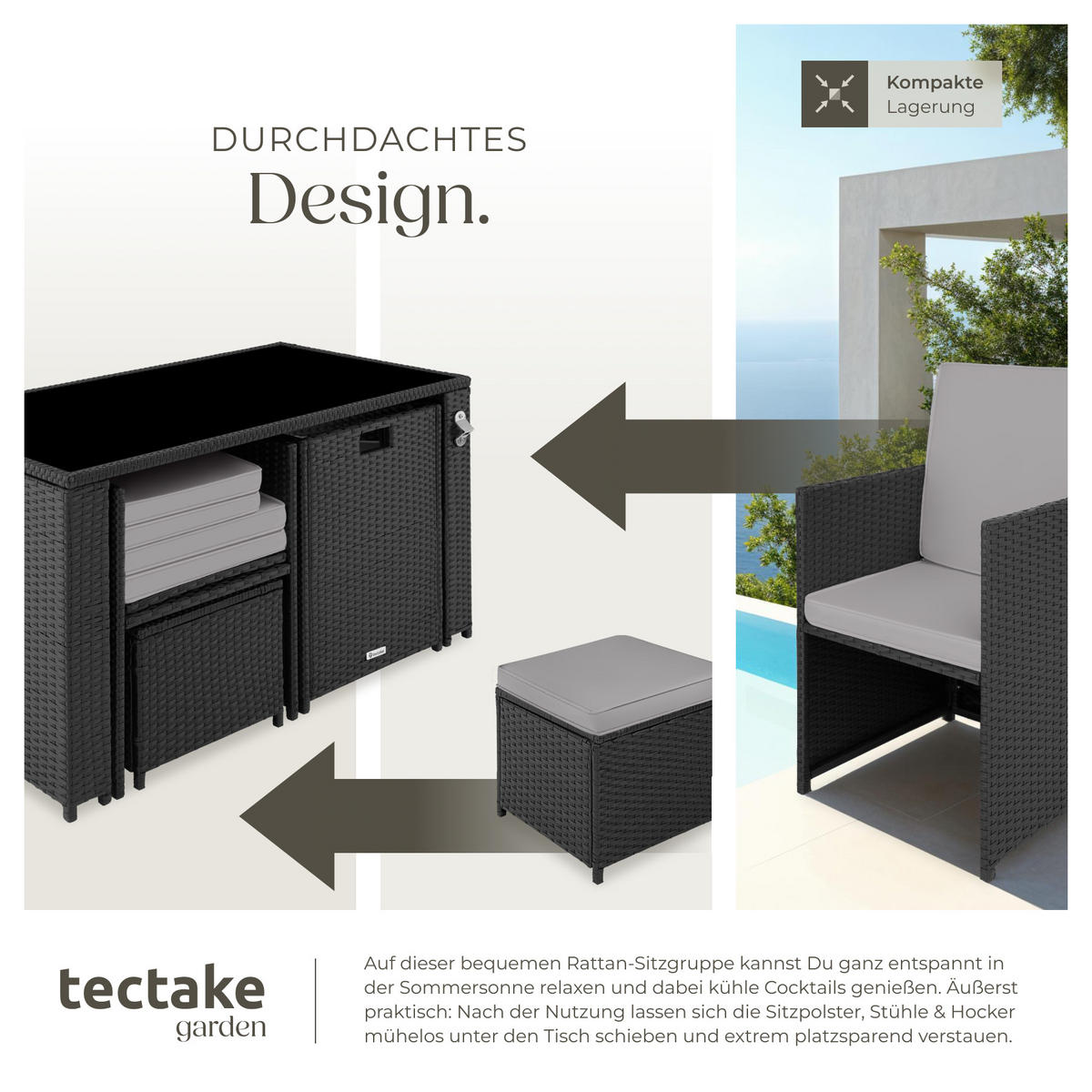 RATTAN SITZGRUPPE Palermo,inklusive Flaschenöffner, zusammenschiebbar,schwarz/grau - Schwarz/Grau, Kunststoff - tectake