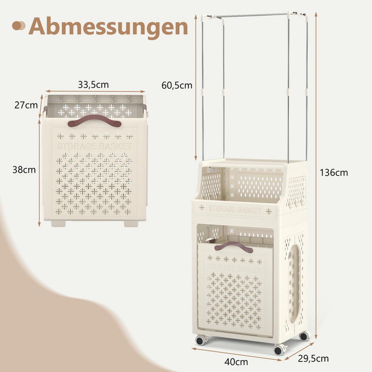 KLEIDERSTÄNDER auf Rollen beige - Beige, Kunststoff (40/136/29.5cm) - COSTWAY