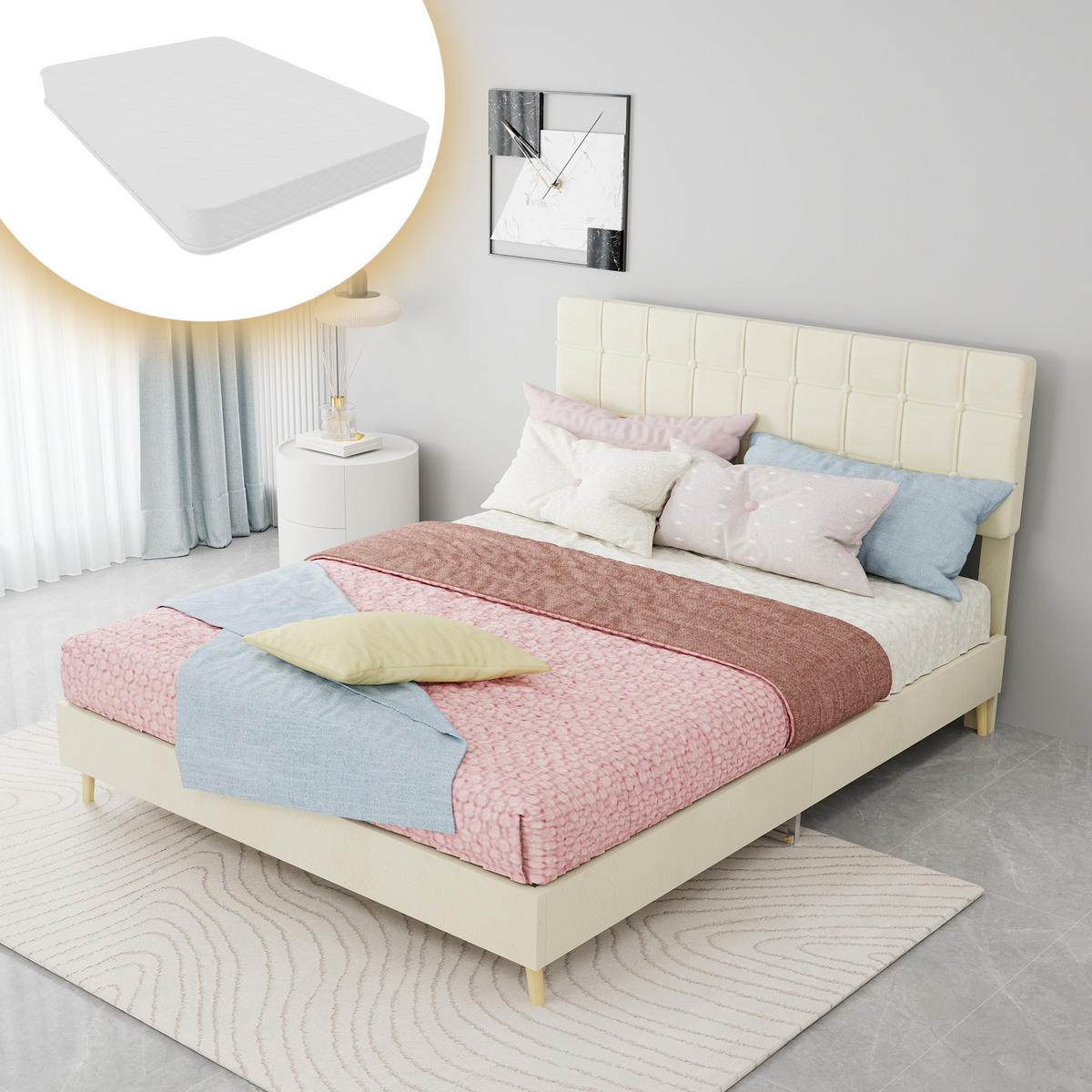 POLSTERBETT 140/200 cm DE-32955 mit Karosteppung-Kopfteil und Matratze Beige - Beige, Metall (140/200cm) - ComfortXL