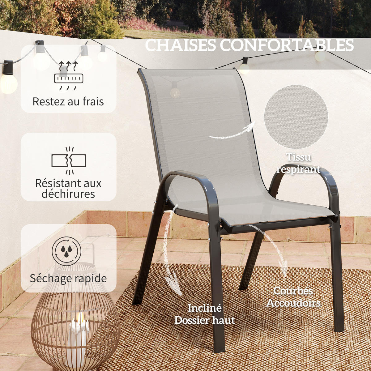 BALKONSET 3-teilig DE-14227 stapelbar, Glastisch Hellgrau - Hellgrau, Metall - ComfortXL