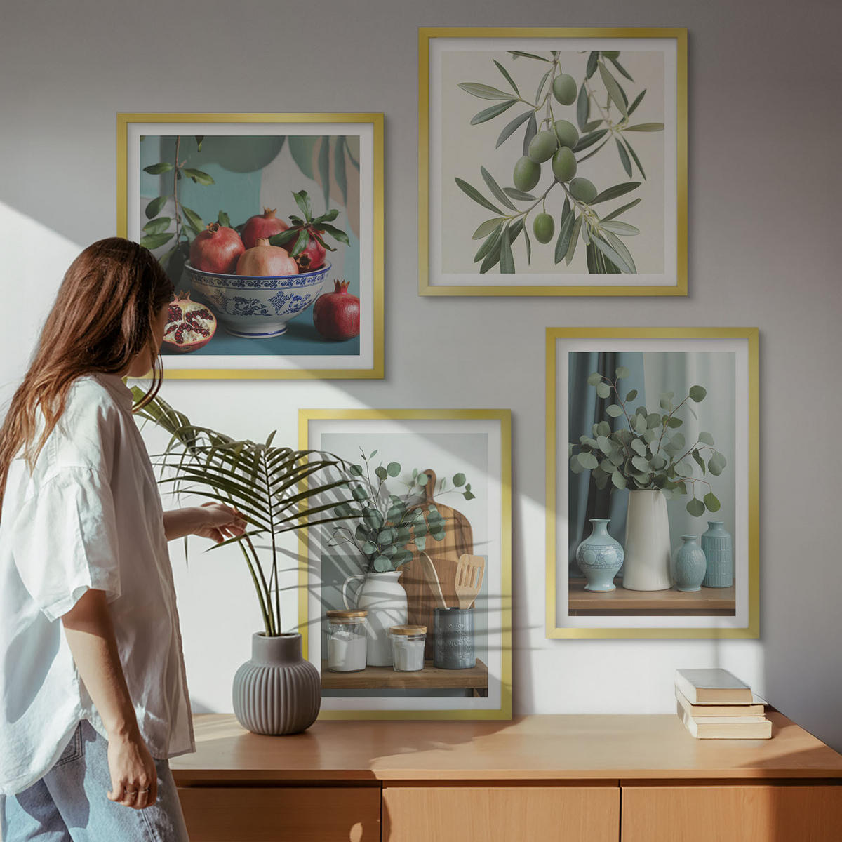 BILDER SET 4er Set - 50x50 cm & 40x60 cm Goldrahmen - Grüne Oliven, Eukalyptus - Goldfarben, Kunststoff (50/50cm) - TULUP