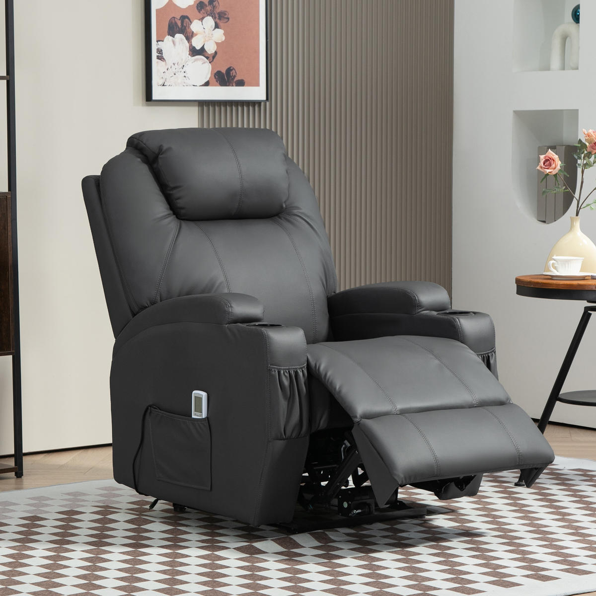 RELAXSESSEL mit Massagefunktion, Elektrisch Fernsehsessel mit Liegefunktion - Dunkelgrau/Schwarz, Leder (97/110/82cm) - HOMCOM
