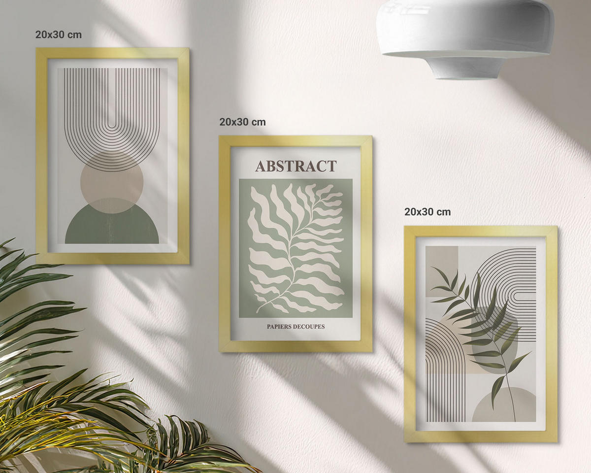 WANDBILDER 3er Set - 20x30 cm Goldrahmen - Botanische Boho-Abstraktionen - Goldfarben, Kunststoff (20/30cm) - ArtPrintCave