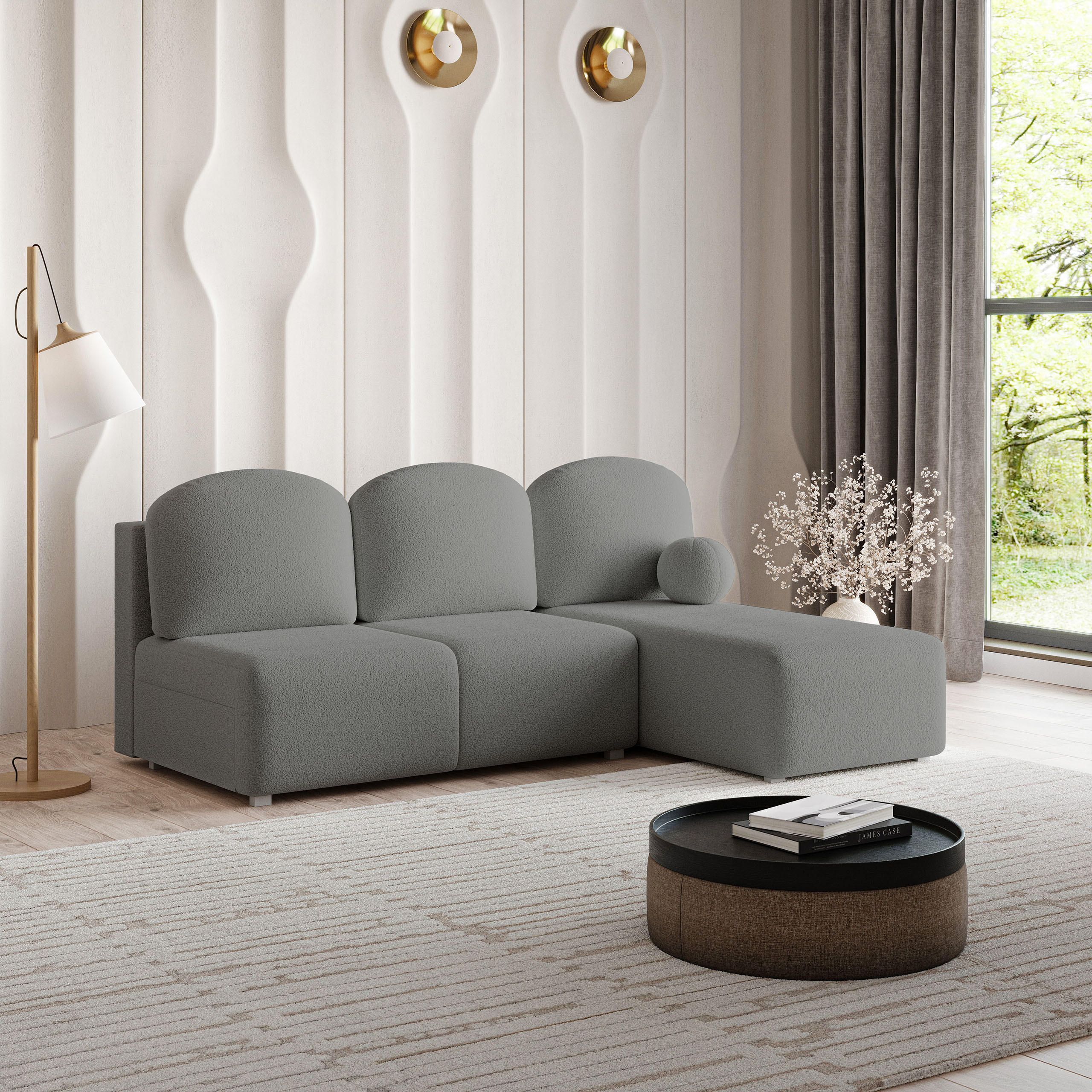 ECKSOFA TRAMA Grau Boucle-Stoff mit Schlaffunktion - Grau, Holz (200/143cm) - MASSENO