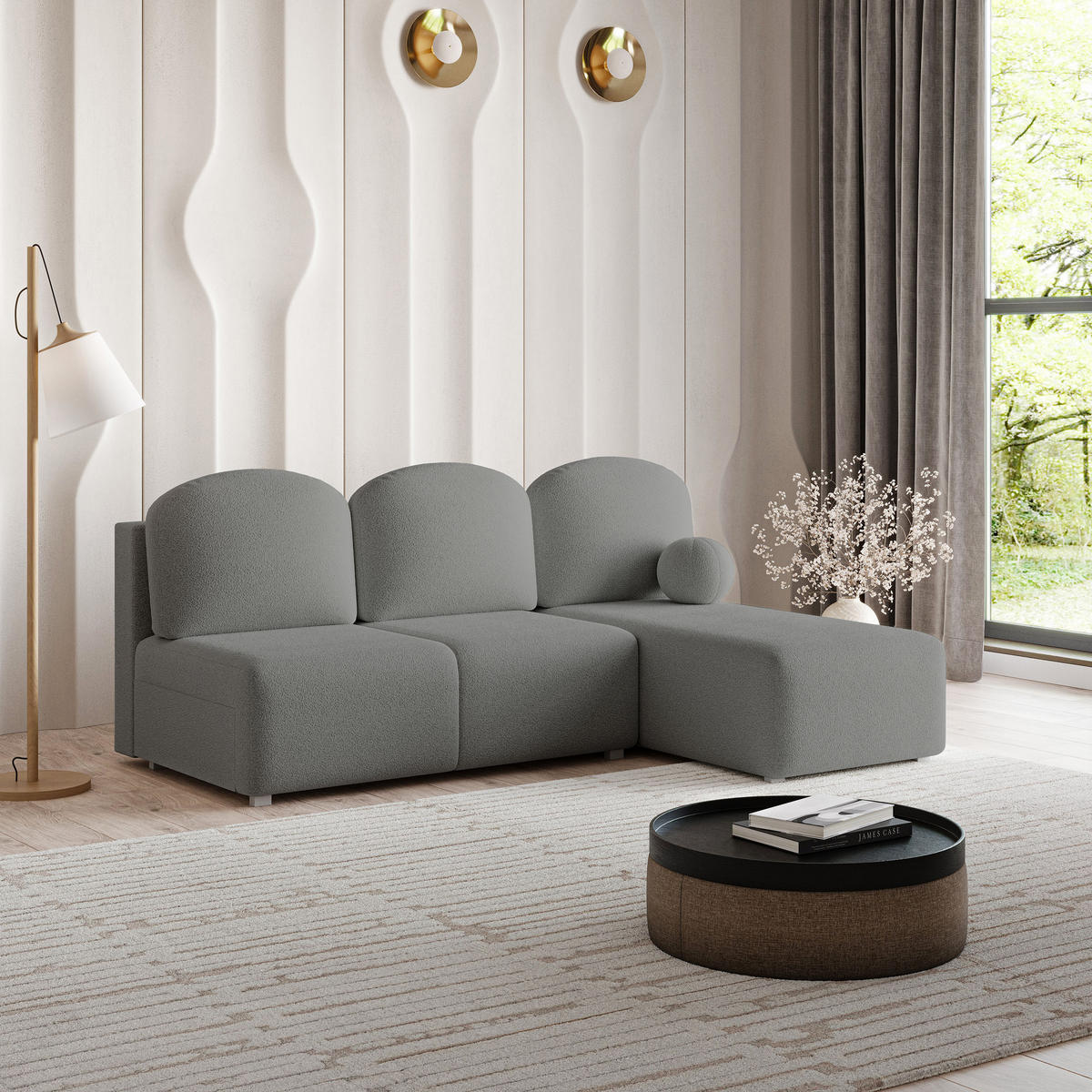 ECKSOFA TRAMA Grau Boucle-Stoff mit Schlaffunktion - Grau, Holz (200/143cm) - MASSENO