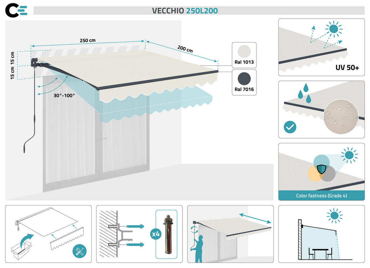 EINTEILIGE MARKISE Vecchio Beige 2,5m x 2m - Premium-Leinwand 320g/m² - Beige, Metall (250/270/200cm) - Cazeboo
