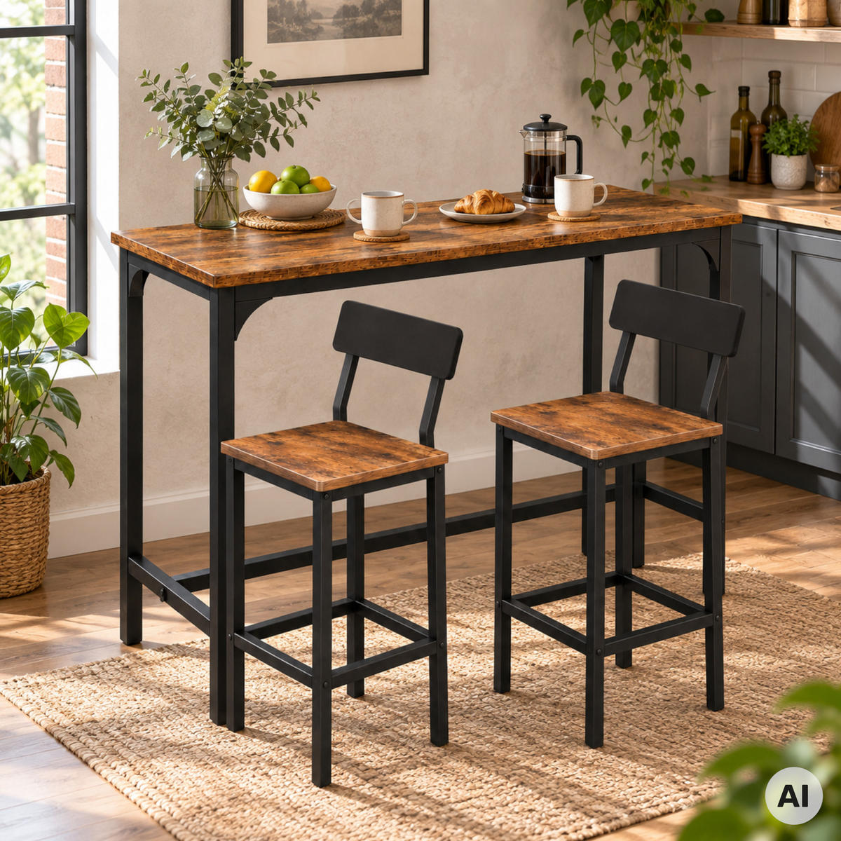 BARTISCH mit 2 Barstühlen mit Rückenlehne 3-teiliges Set Industrial Rustikal Braun Schwarz 108x50x90 cm - Dunkelbraun/Schwarz, Holzwerkstoff/Metall (108/90/50cm) - Begryf