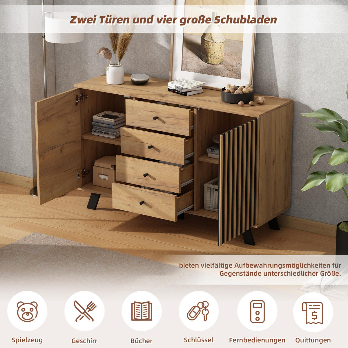 SIDEBOARD 120/38/75 cm z MDF, černá a přírodní, se 4 zásuvkami a 2 Sideboardmi - černá, kompozitní dřevo (120/75/38cm) - Modenvie