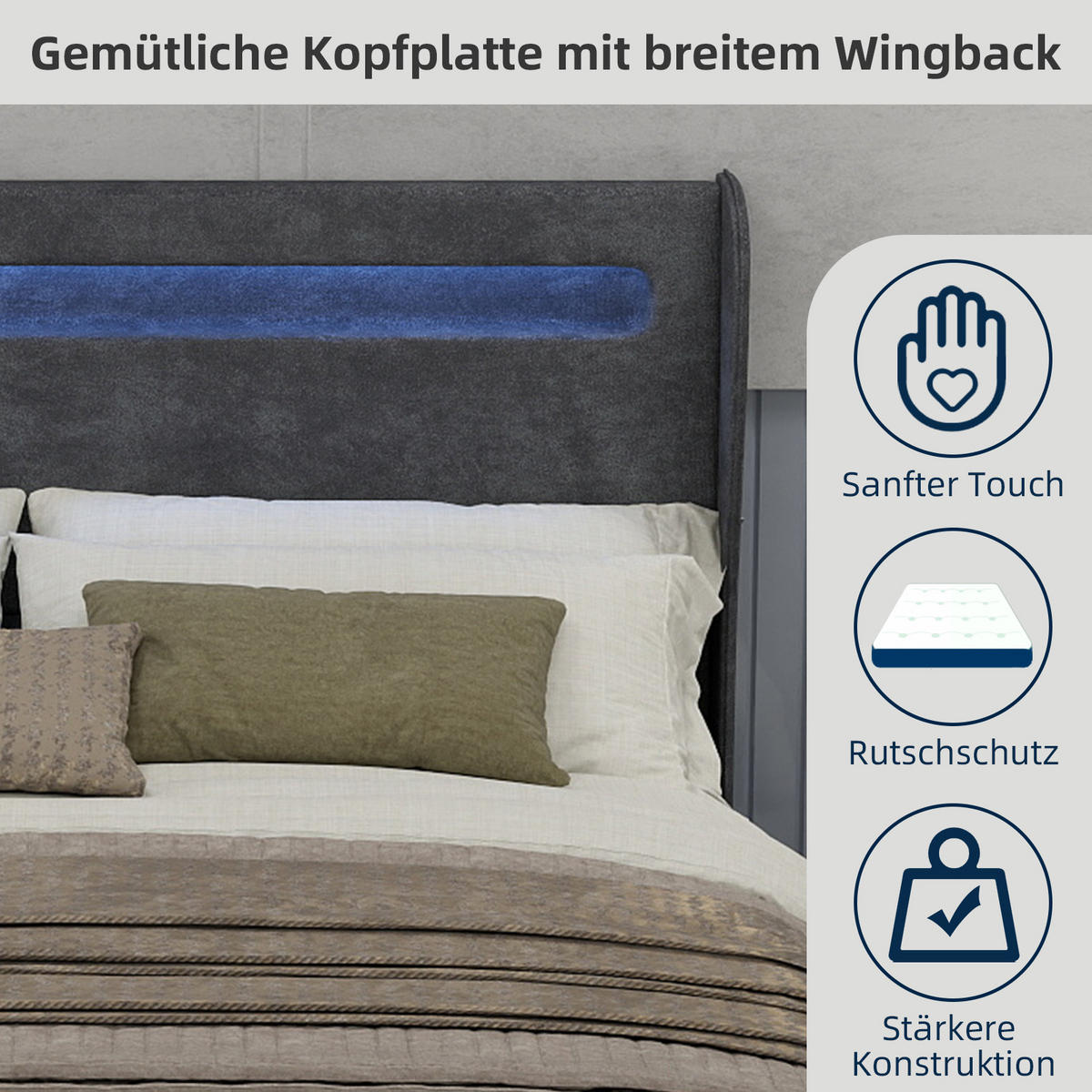 POLSTERBETT 160x200 cm LED Kopfteil grau - Grau, Textil (160/200cm) - LEBENLANG