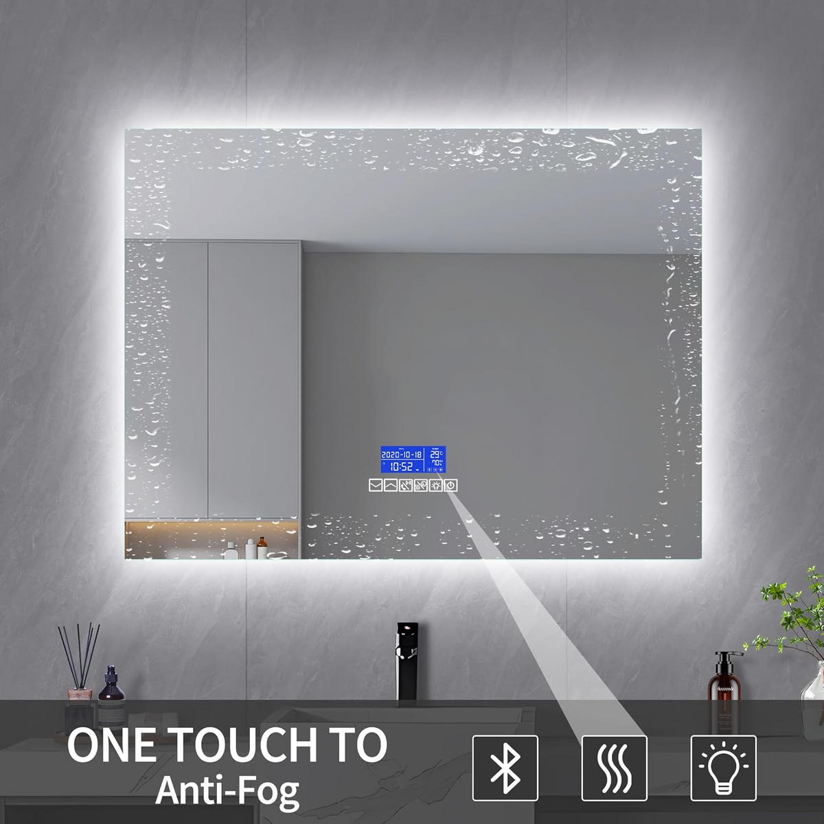 BADEZIMMERSPIEGEL mit LED, Rechteck 60 x 140 cm, Anti-Beschlag, Temperaturanzeige und 3 Anpassbare Helligkeit - Transparent, Glas (140/4/60cm)