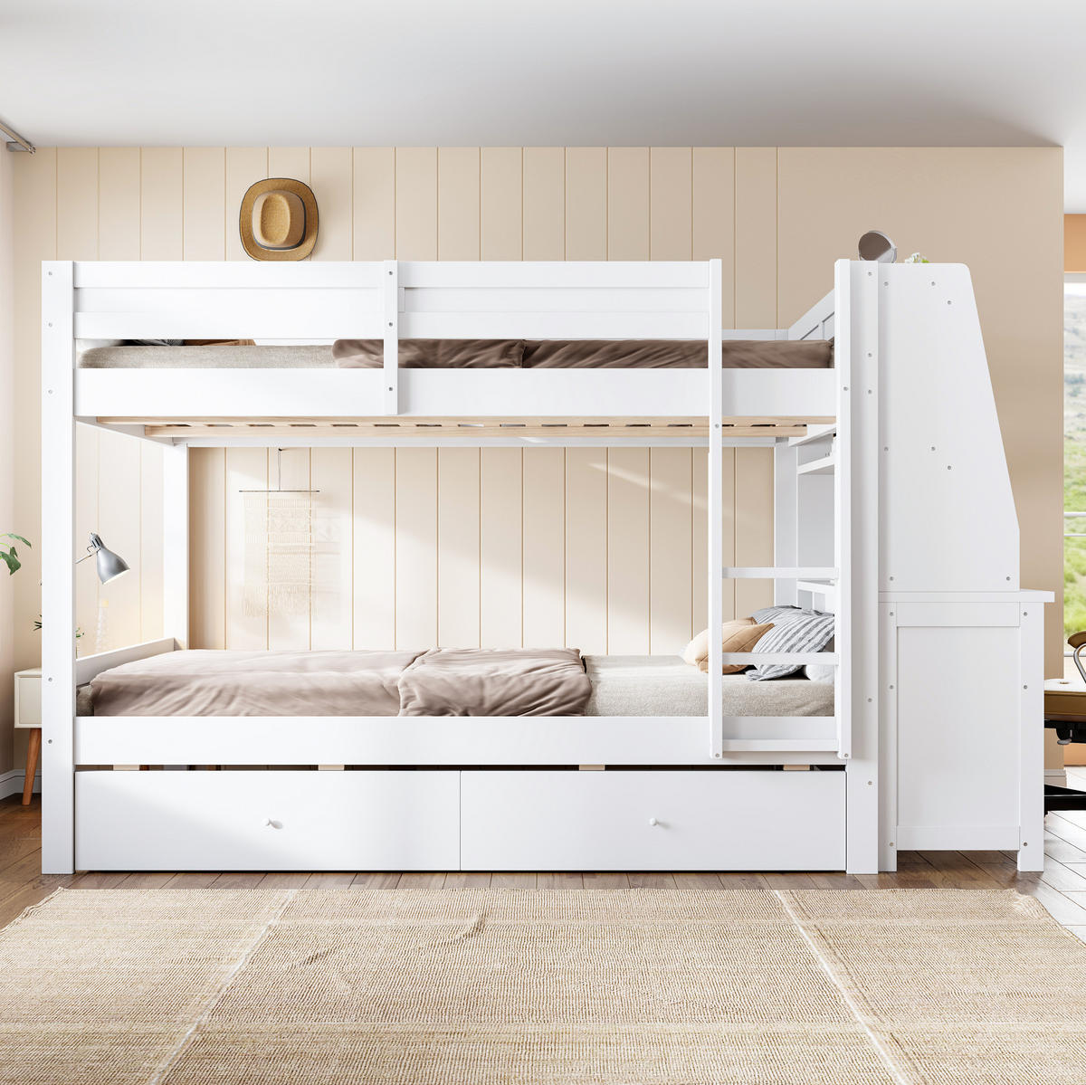 ETAGENBETT aus Kiefernholz, Metall, Sperrholz und MDF 140x200 cm Weiß mit Schreibtisch, Stauraum und Schubladen - Weiß, Holz (140/200cm) - Modfu