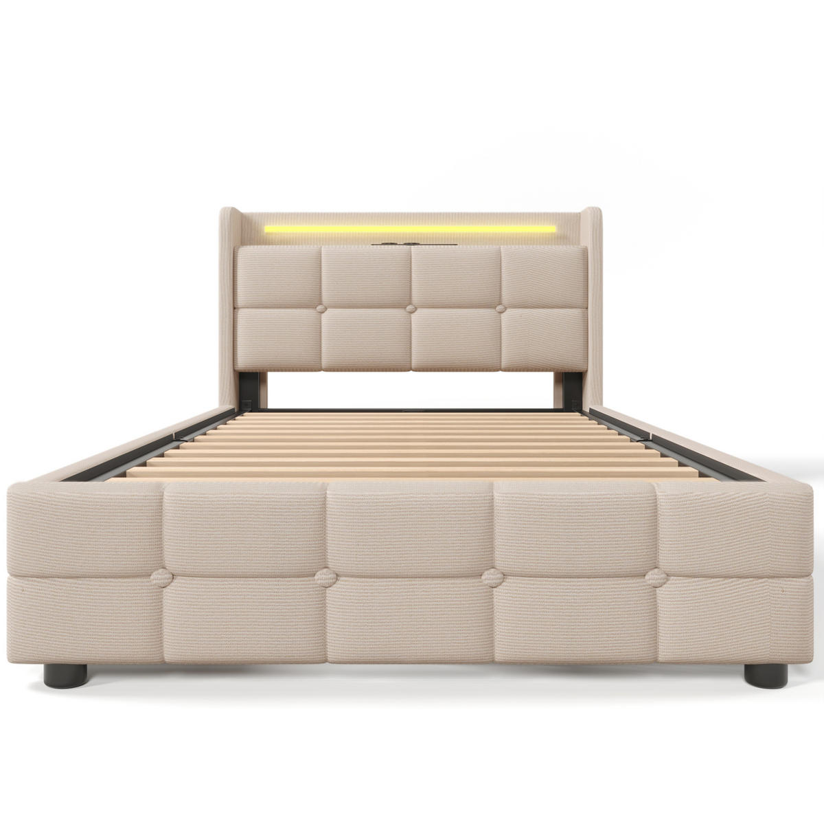 POLSTERBETT mit USB, LED und 2 Schubladen 90x200 cm Beige - Beige, Holz (90/200cm) - Meubliv
