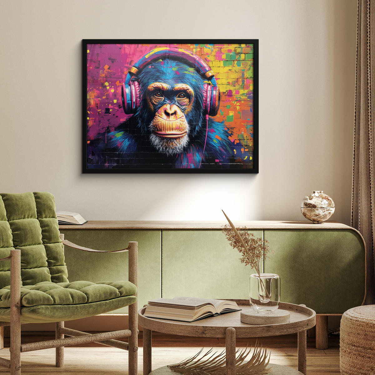POSTER MIT RAHMEN Graffiti - Schimpanse - Straßenkunst - Kopfhörer - Affe 80x60 cm - Blau, Papier (80/60cm) - MuchoWow