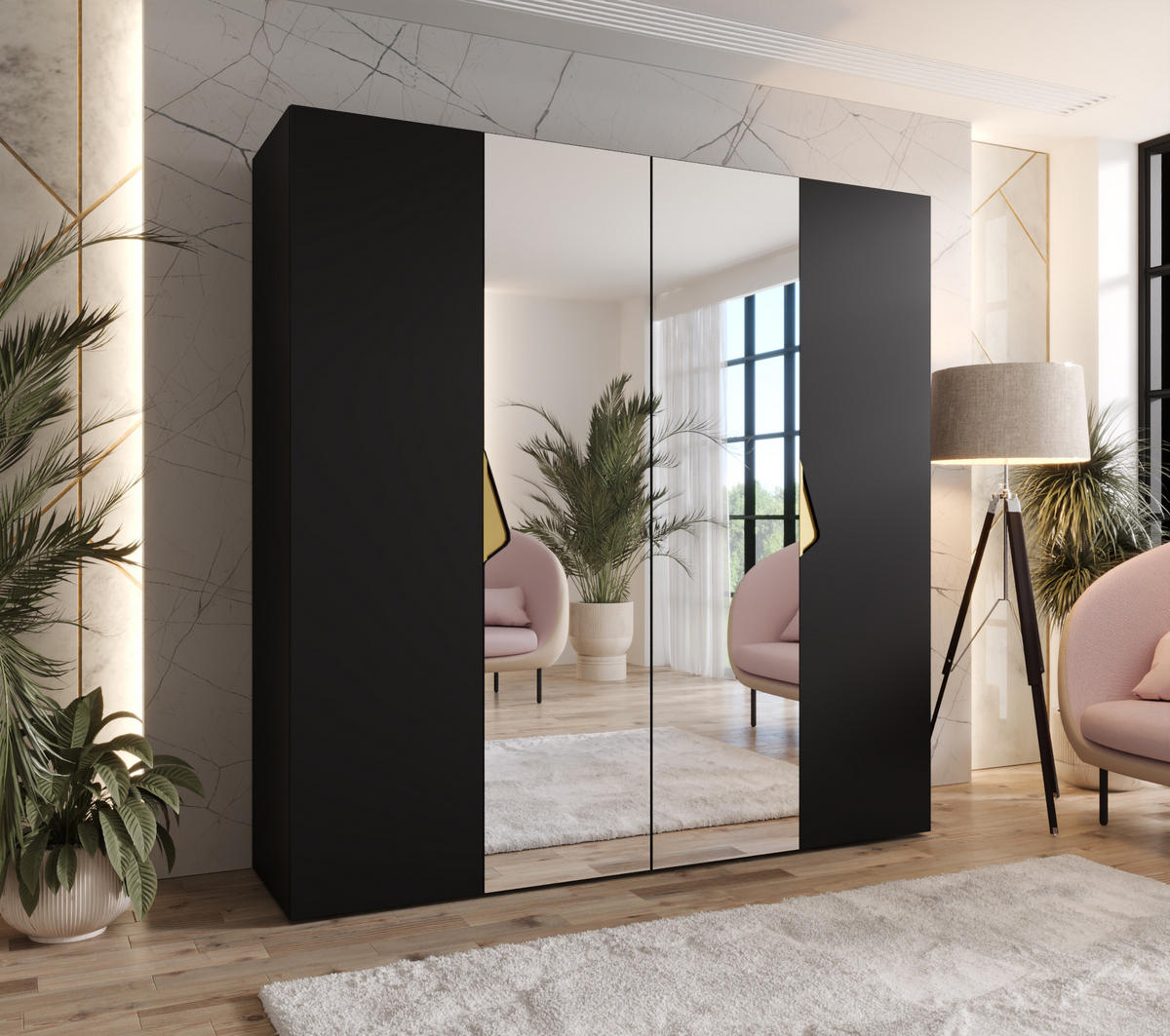 DREHTÜRENSCHRANK 202/200/52 4-türig - Goldfarben/Schwarz, Holz/Metall (200/202/52cm) - Abiks Möbel