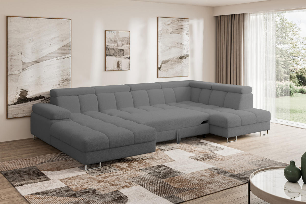 WOHNLANDSCHAFT mit Schlaffunktion und Bettkasten Ottomane RECHTS COMA U 345x203x79 Grau Bouclé - Chromfarben, Holzwerkstoff/Textil (203/79/345cm) - ALTDECOR