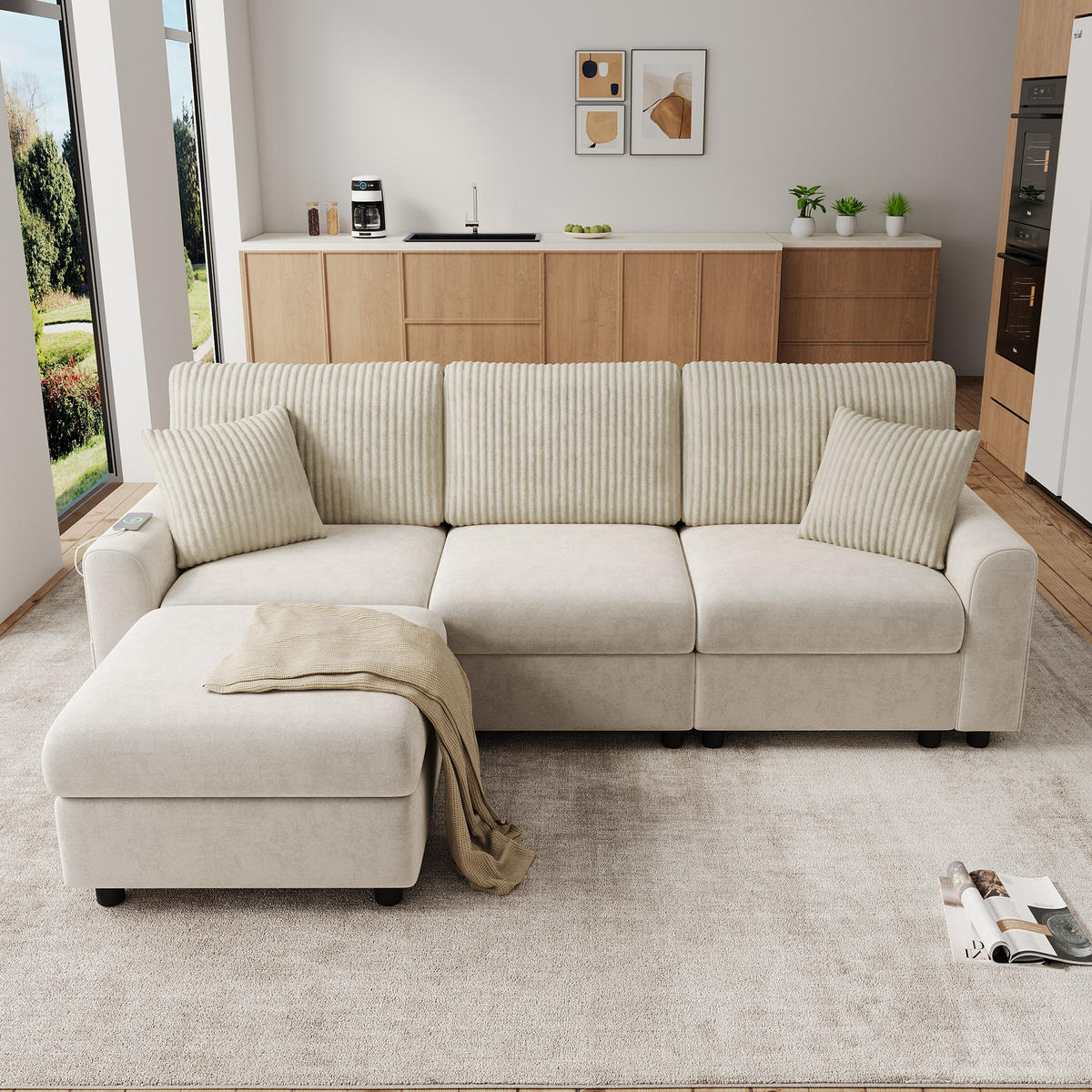 ECKSOFA 223/146/84 cm Beige mit 1 Fußhocker, 2 quadratischen Kissen, 1 USB-Anschluss und 1 Type-C-Anschluss - Beige, Textil (146/84/223cm) - Oxeza