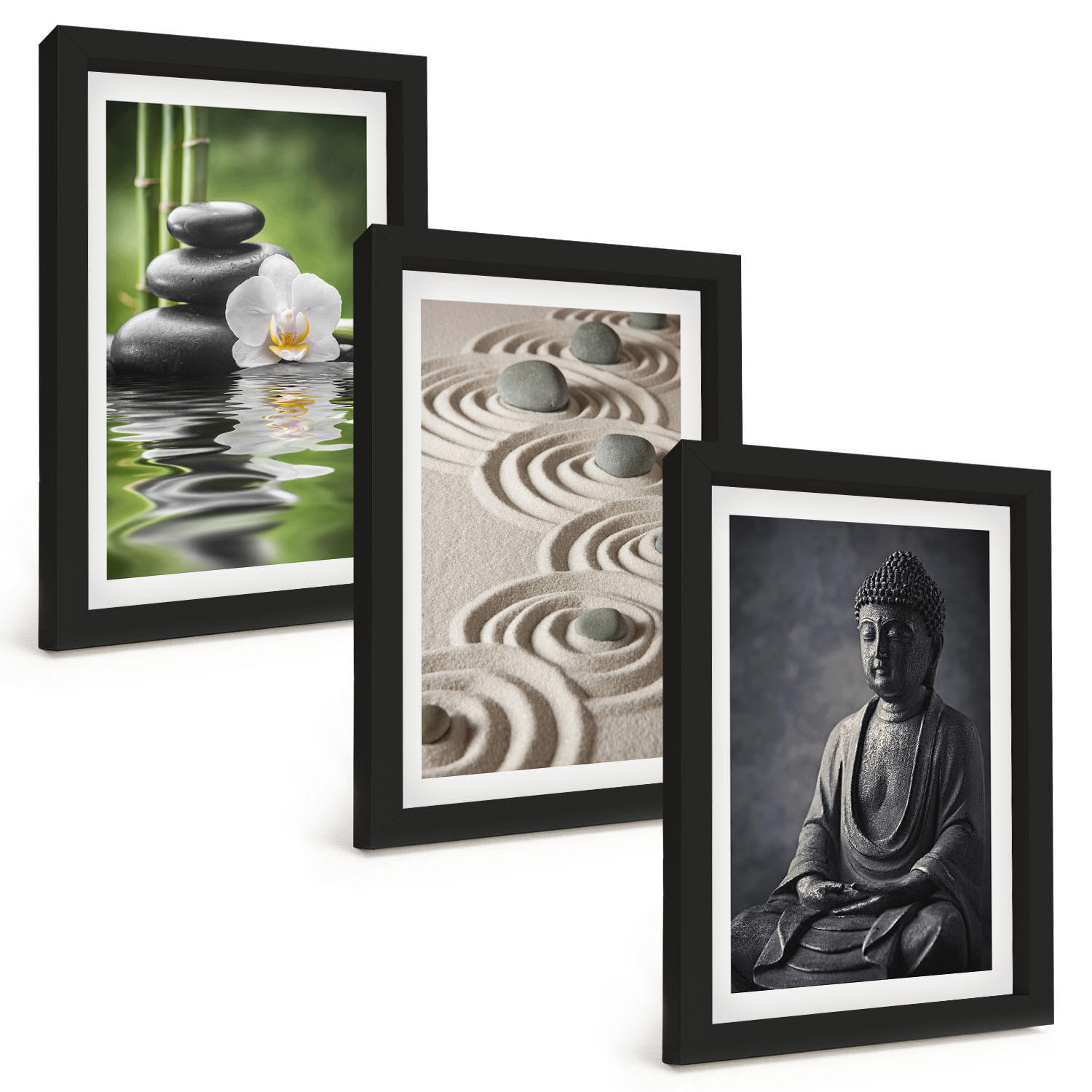 BILDER SET 3er Set - 20x30 cm Schwarzer Rahmen - Entspannender Blick auf den Zen-Buddha - Schwarz, Kunststoff (20/30cm) - TULUP