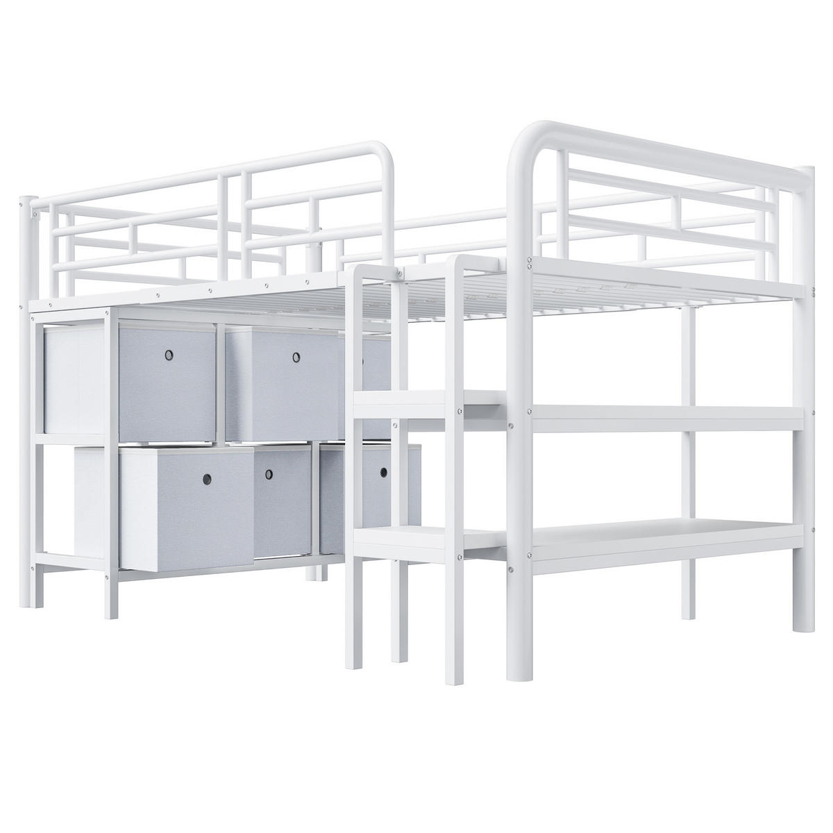 HOCHBETT 90/200 cm in Weiß mit Schubladen, Regal und breiten Stufen - Weiß, Holzwerkstoff/Metall (90/200cm) - CHICFURN
