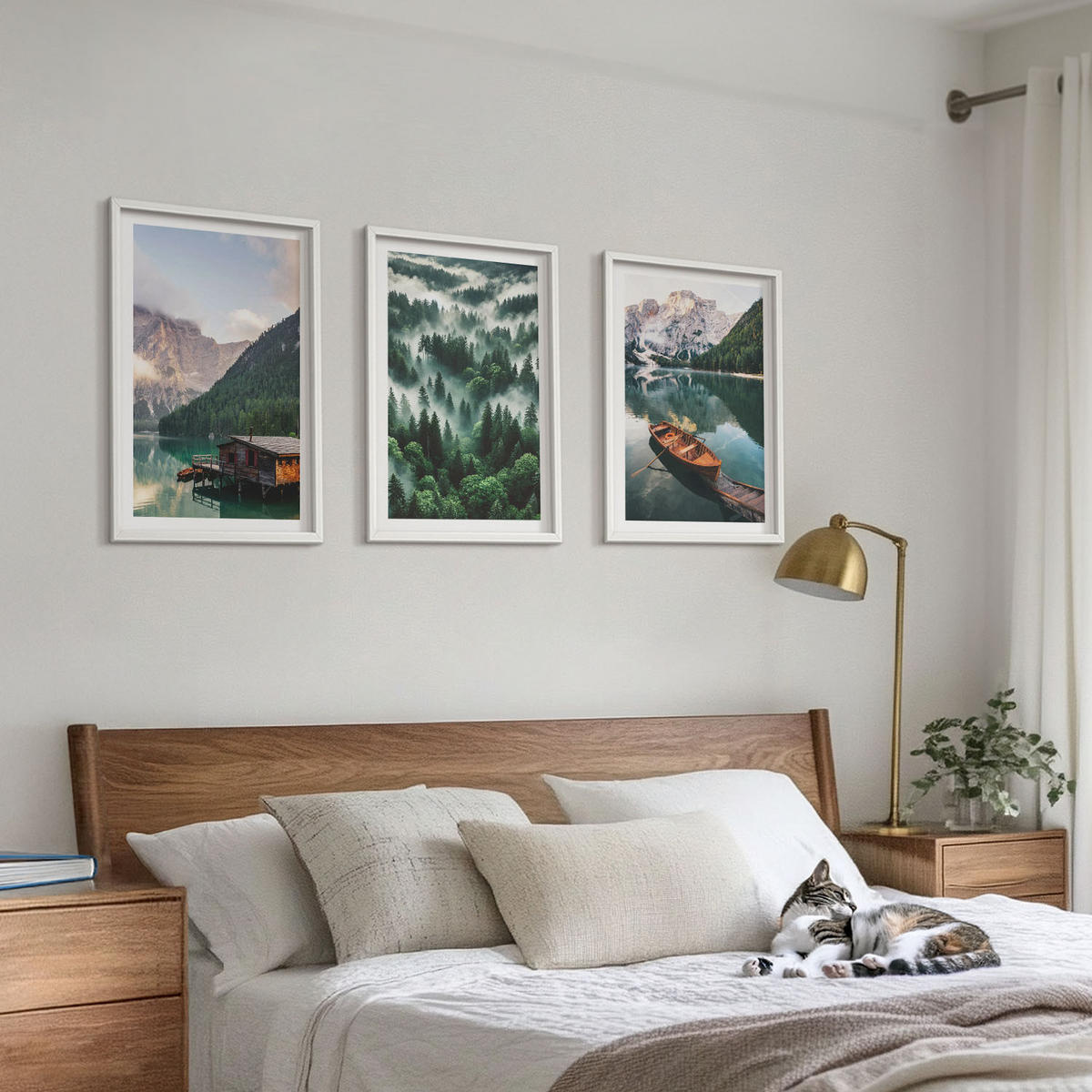 WANDBILDER 3er-Set - 40x60 cm Weißer Rahmen - Bergsee, Boot, Waldnebel - Weiß, Kunststoff (40/60cm) - ArtPrintCave