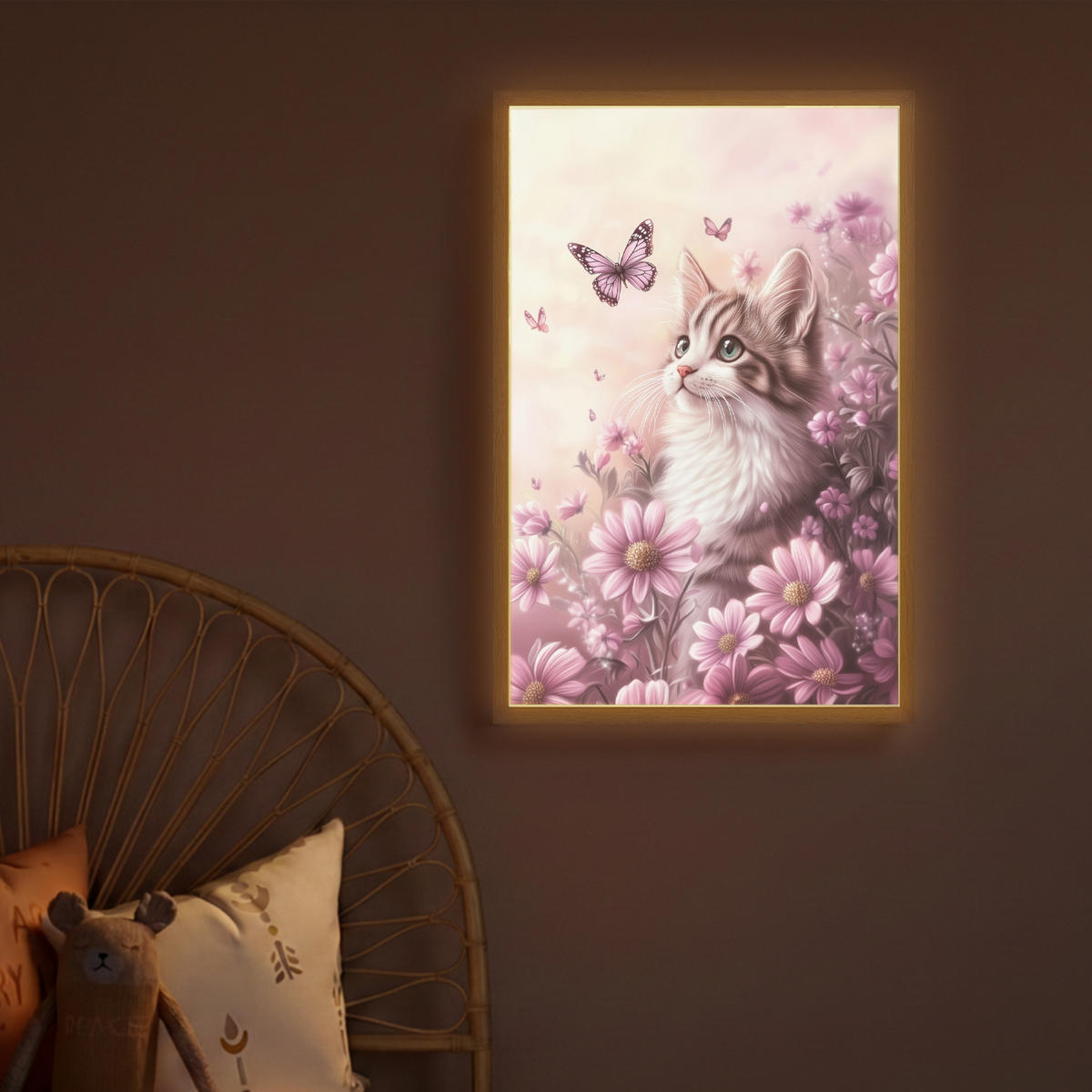 NACHTTISCHLAMPE MIT AKKU Kätzchen - Blumen - Schmetterlinge - Lila 40x60 cm - Altrosa, Holzwerkstoff (8/40/60cm) - OnlyWow