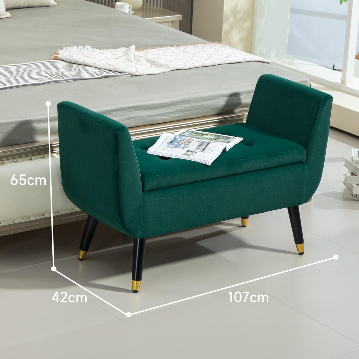 LUXUS Sitzbank Polsterbank mit Stauraum Armlehnen Polyester Holz Grün - Grün, Kunststoff (42/65/107cm) - HOMCOM