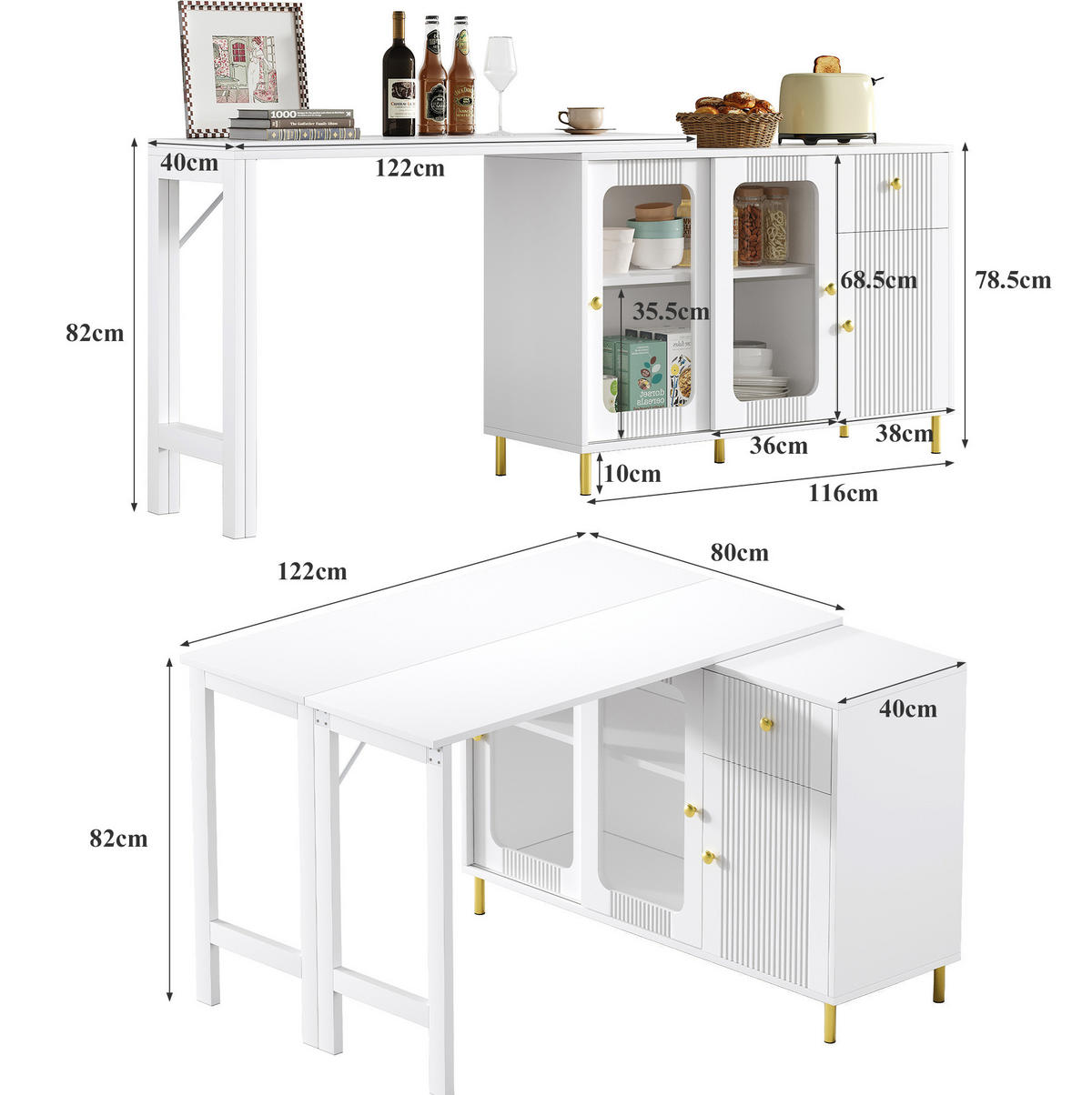 SIDEBOARD 116/40/78.5 cm Weiß aus MDF mit ausklappbarer Tischplatte - Weiß, Holzwerkstoff (40/78/116cm) - OKMYHOME