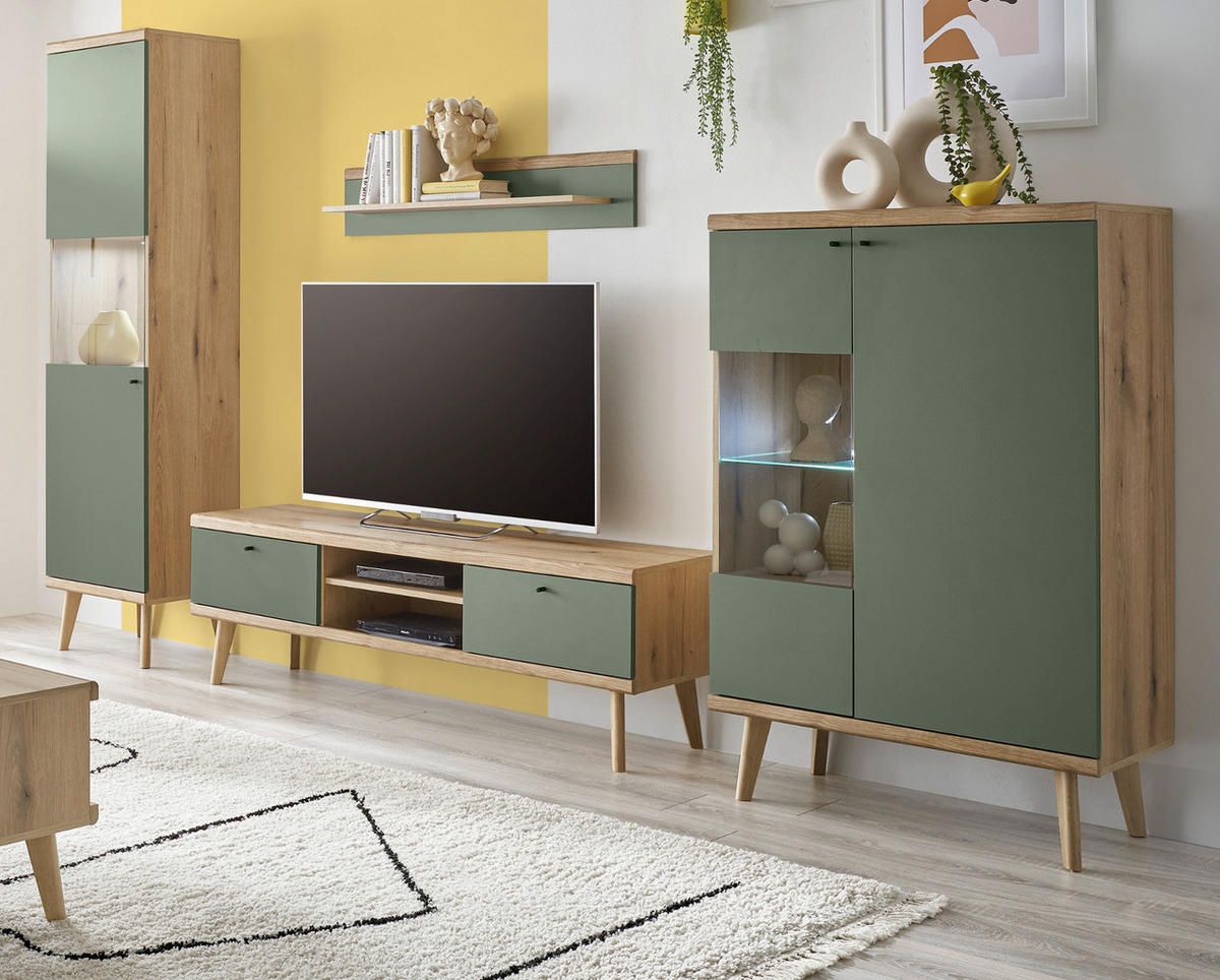 WOHNWAND 4-teilig salbei grün, Eiche Evoke, skandinavisch 320 cm, Schrankwand mit Vitrine - Salbeigrün/Eichefarben, Glas/Eichenholz (320/197/40cm) - Furn.Design