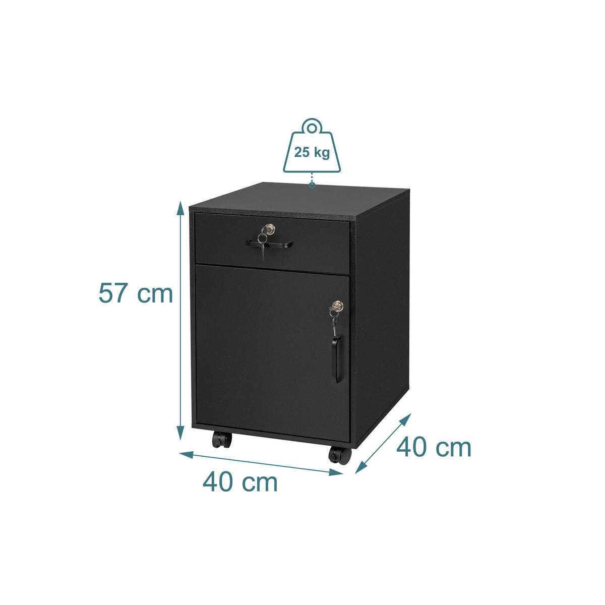 ROLLCONTAINER Schwarz abschließbar 57x40x40 cm - Schwarz, Holzwerkstoff/Kunststoff (40/57/40cm) - Relaxdays