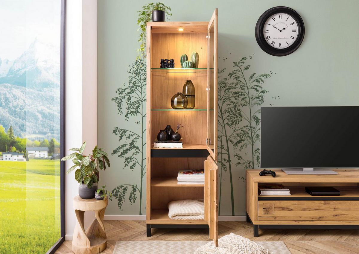 VITRINE Wildeiche 65x40x205 natur geölt VILLANDERS #146 - Naturfarben, Holz (65/205/40cm) - Massivmoebel24