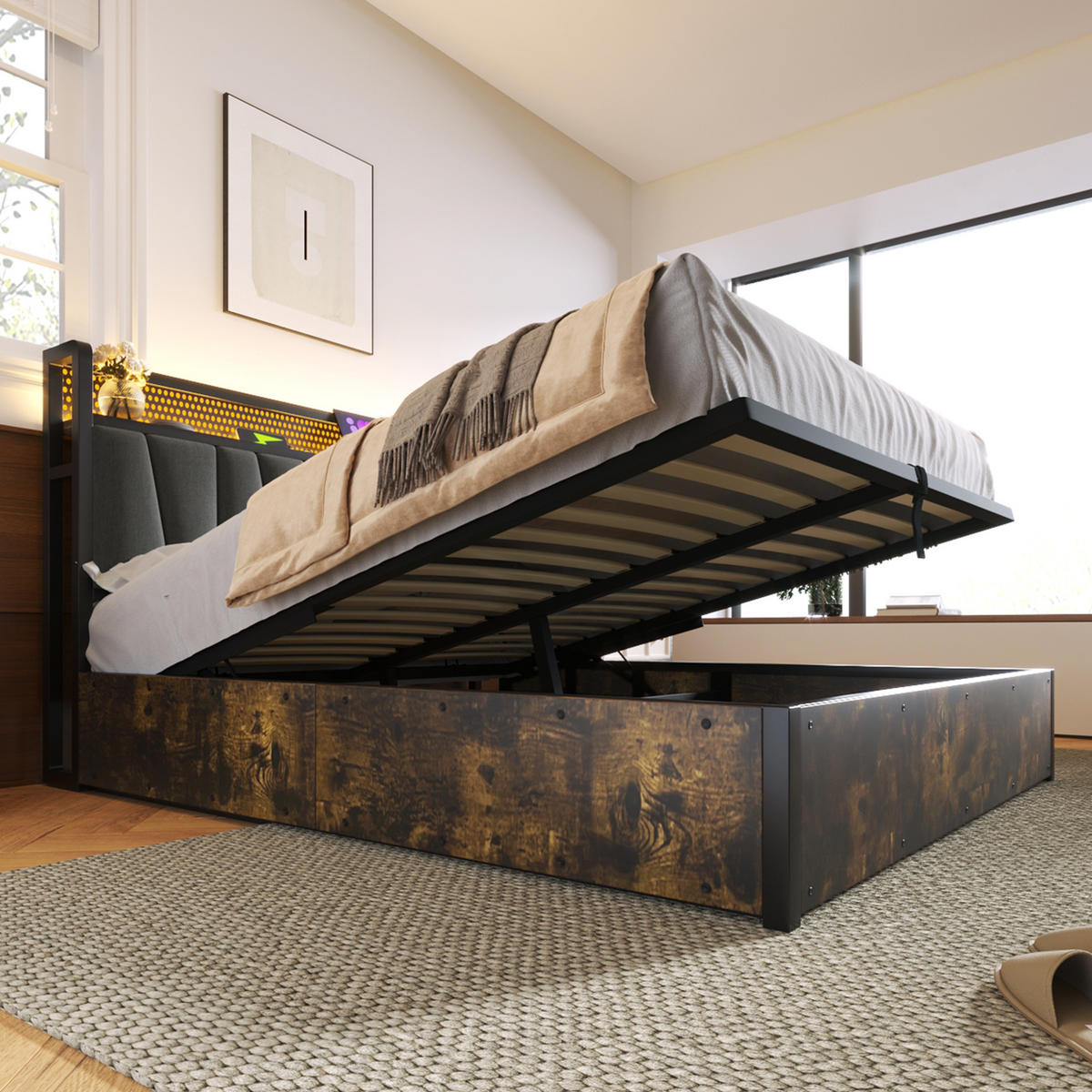 POLSTERBETT 140/200 cm mit Bettkasten, RGBW LED-Kopfteil & USB/Steckdosen, grau - Grau, Textil (140/200cm) - Redom