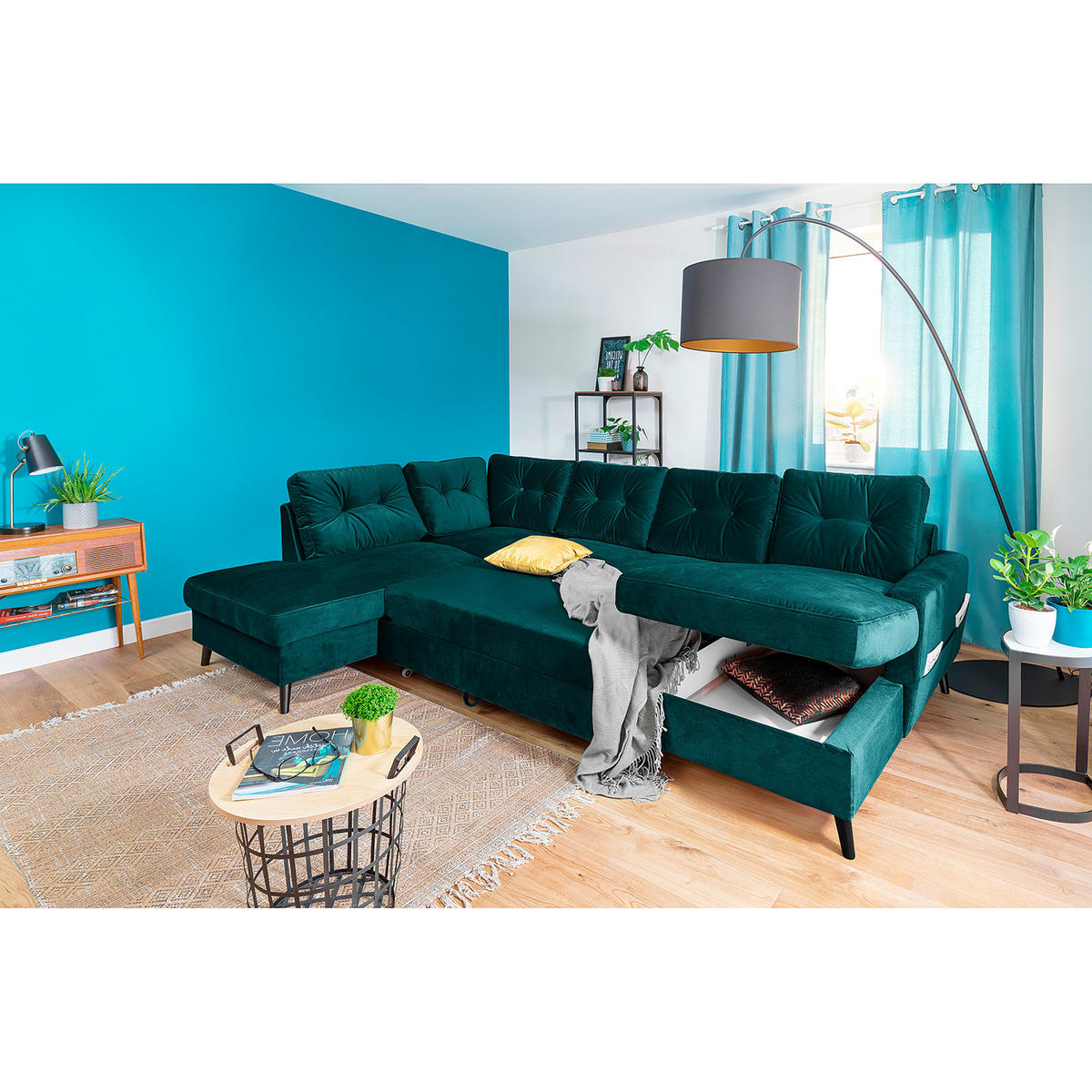 WOHNLANDSCHAFT mit Longchair - Petrol/Schwarz, Buchenholz/Textil (297/90/200cm) - home24