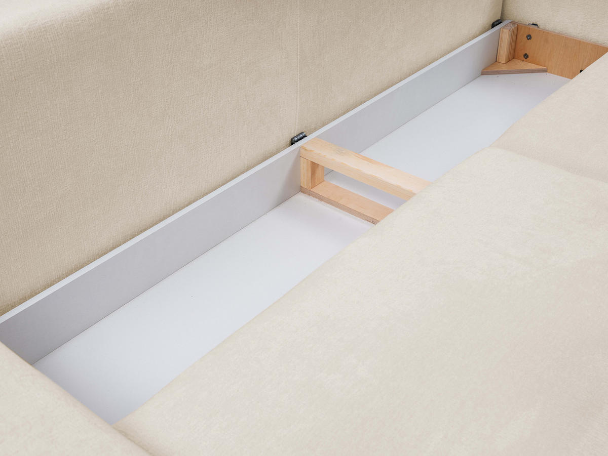 SOFA BOHO Mit Schlaffunktion Und Bettkasten, Wellenfederung, PUR-Schaum, Holzfüße, lose Rückenkissen, freistehend, 244x102x92 cm Beige - Beige, Holz/Textil (244/92/102cm) - DomoHome