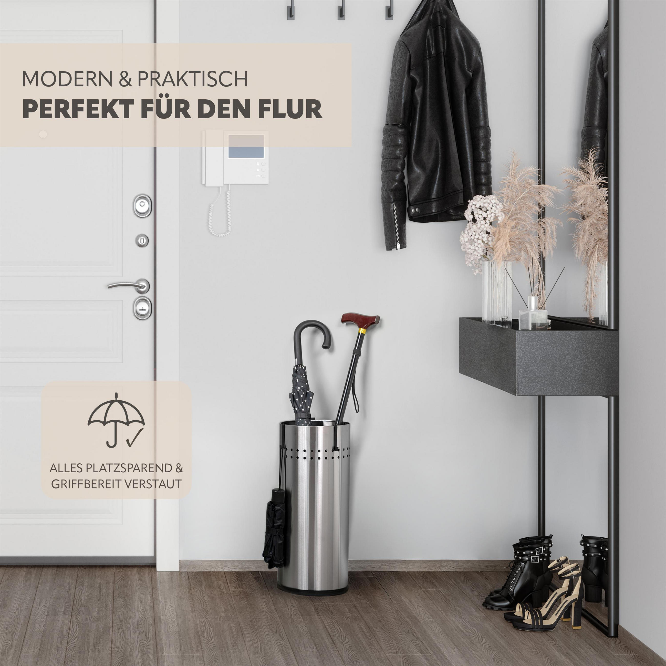 SCHIRMSTÄNDER, mit Abtropfschale, Edelstahl - Edelstahlfarben, Metall (22/50.5/22cm) - bremermann