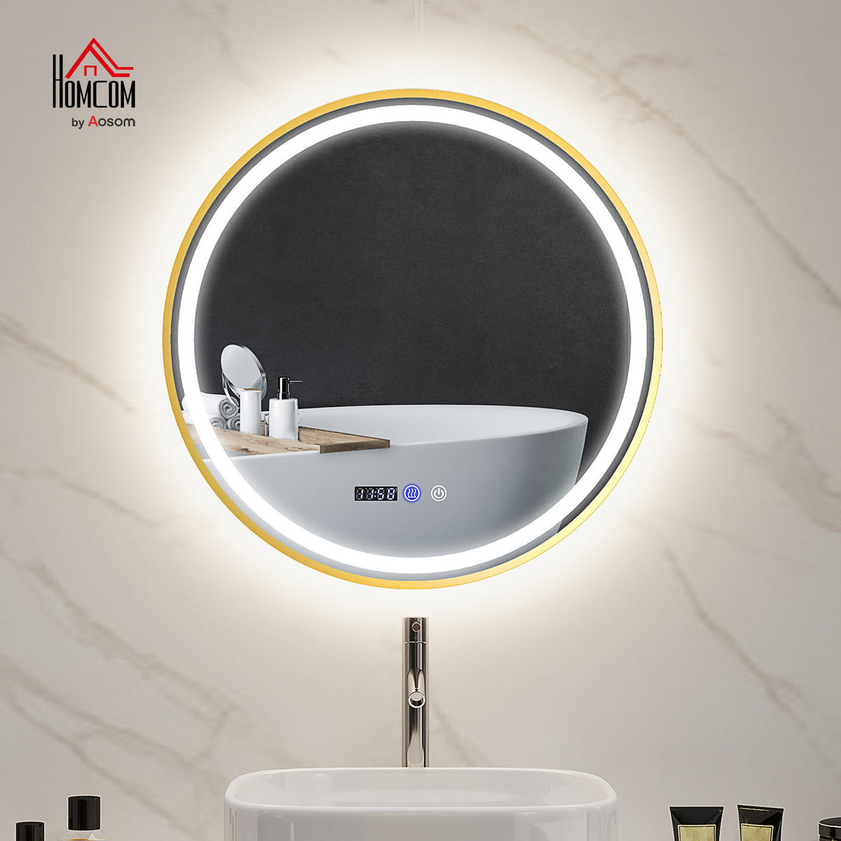 ROUNDER Badspiegel mit Beleuchtung 60 cm LED Spiegel mit Touchschalter Gold - Goldfarben, Glas (3.5/60/60cm) - HOMCOM