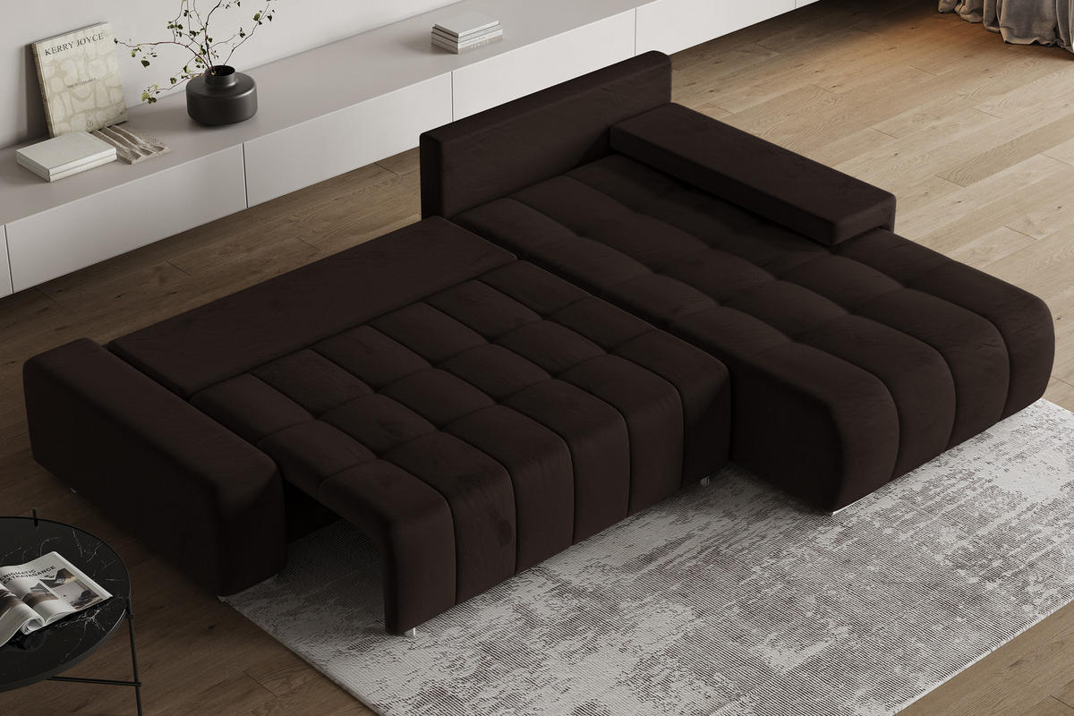 ECKSOFA ALESE R-S Braun Velours-Stoff mit Schlaffunktion - Braun, Holz (265/185cm) - MASSENO