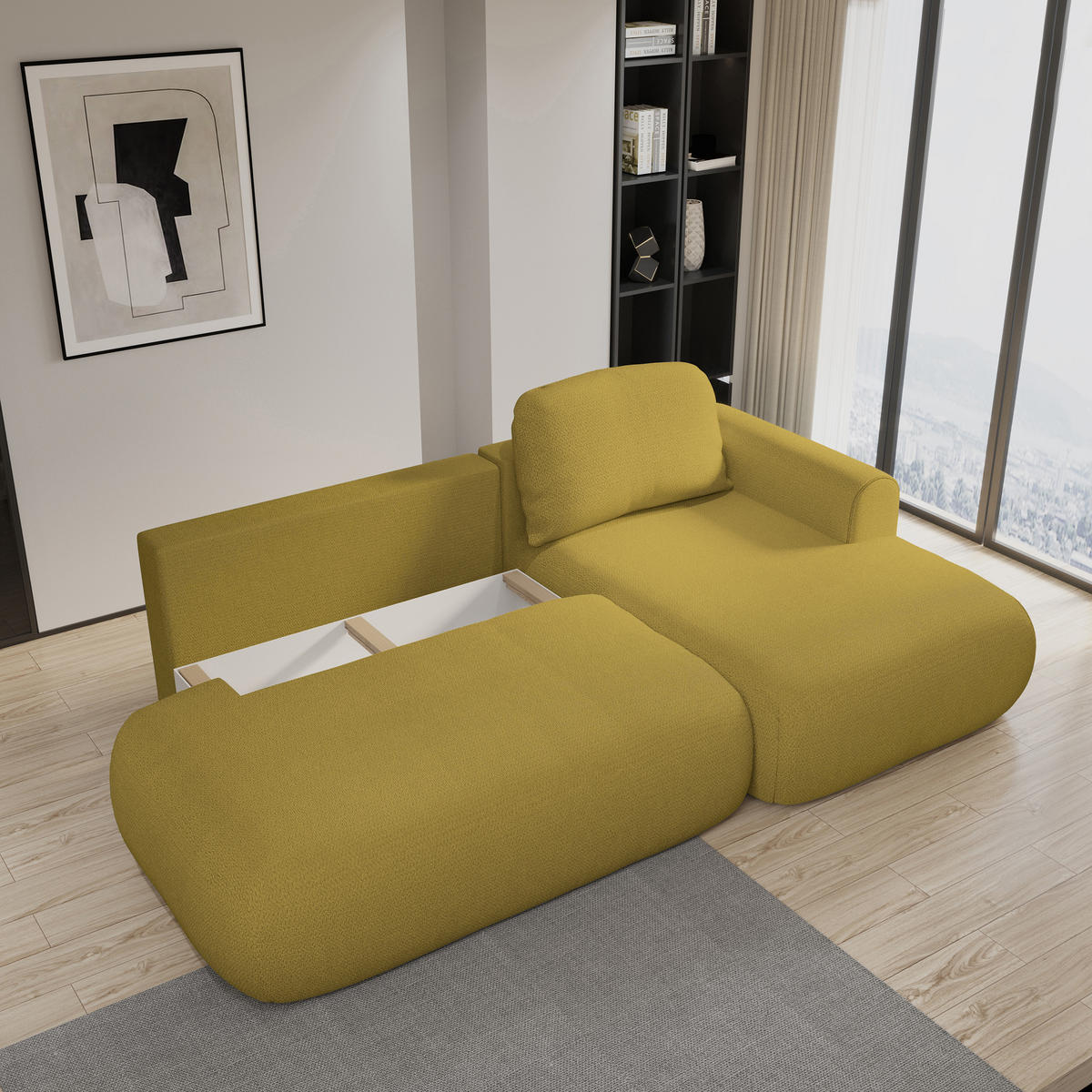 ECKSOFA NUVIRA R-S Gelb Geflochtener Stoff mit Schlaffunktion - Gelb, Holz (274/165cm) - MASSENO