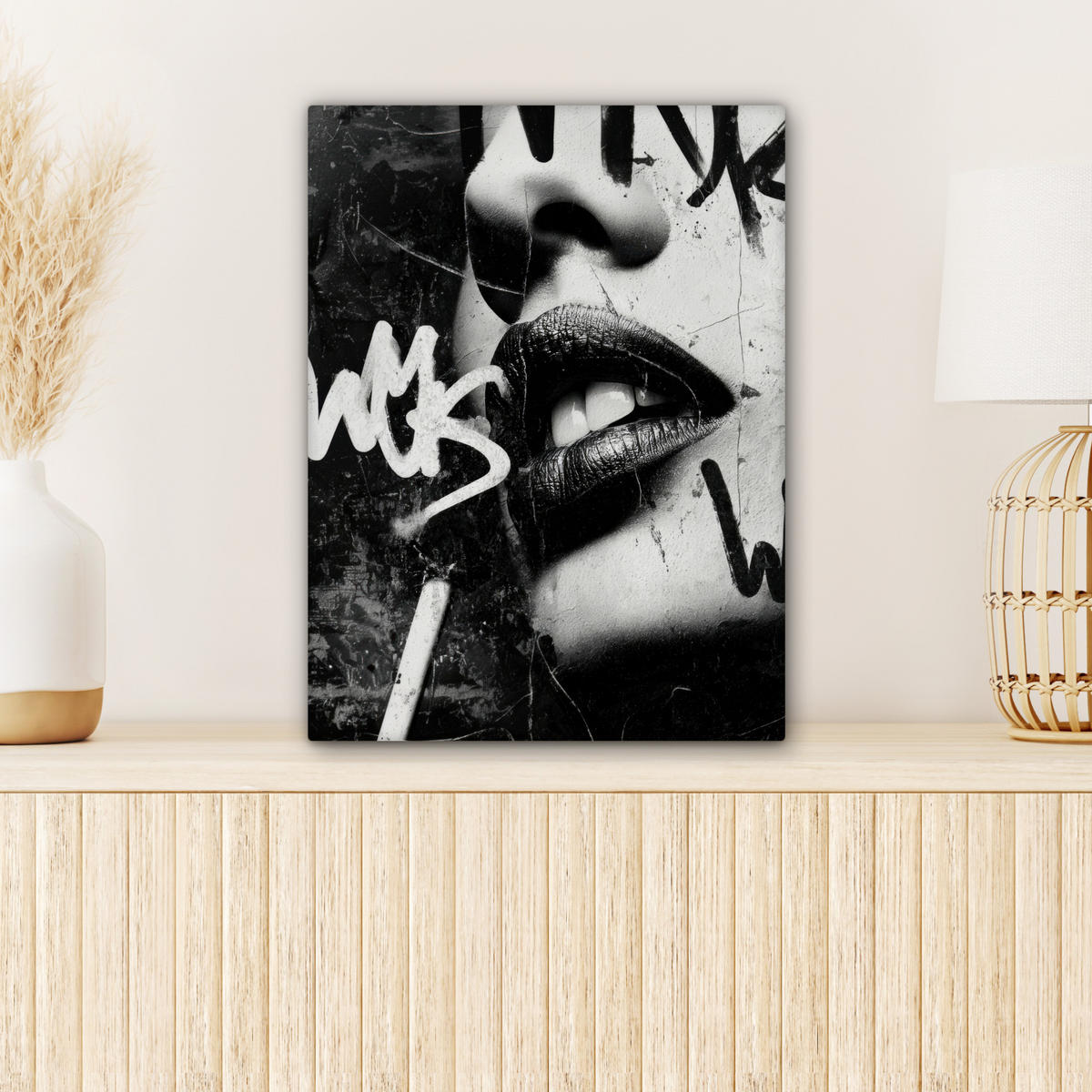 LEINWANDBILD Gesicht - Mund - Graffiti - Schwarz Room Decor 30x40 cm - Schwarz, Textil (30/40cm) - MuchoWow