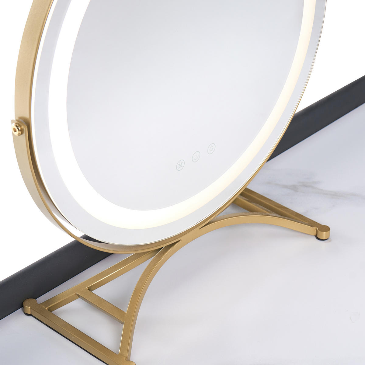 SCHMINKTISCH mit rundem LED-Spiegel Hocker 2 Schubladen grau/gold Surin - Goldfarben/Weiß, Holzwerkstoff (100/133/41cm) - Beliani