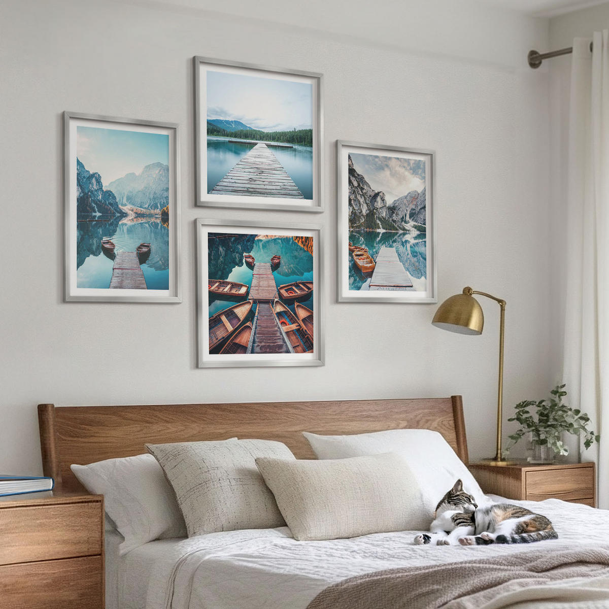 BILDER SET 4er Set - 50x50 cm & 40x60 cm Silberner Rahmen - Holzstege am See, Boote - Silberfarben, Kunststoff (50/50cm) - TULUP