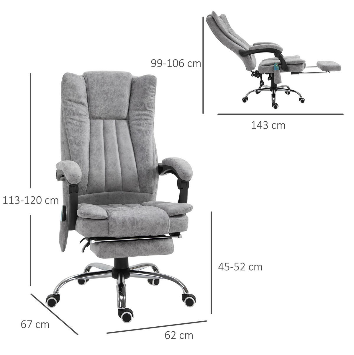MASÁŽNE kancelárske kreslo 62/67/113-120 cm sivé s vyhrievaním a polohovaním z peny - sivá, plast (67/113/62cm) - OKWISH