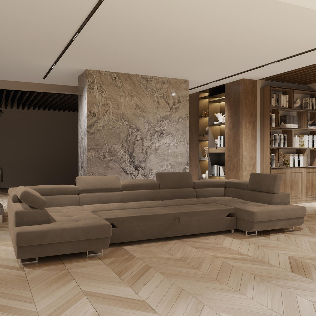 WOHNLANDSCHAFT ISOLANO Beige Velours-Stoff mit Schlaffunktion - Beige, Holz (408/90/202cm) - MASSENO