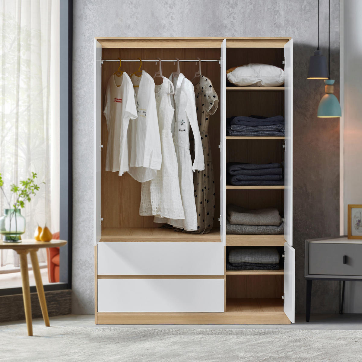 KLEIDERSCHRANK Bastheim - Eichefarben/Weiß, Holzwerkstoff (120/176/52cm) - [en.casa]