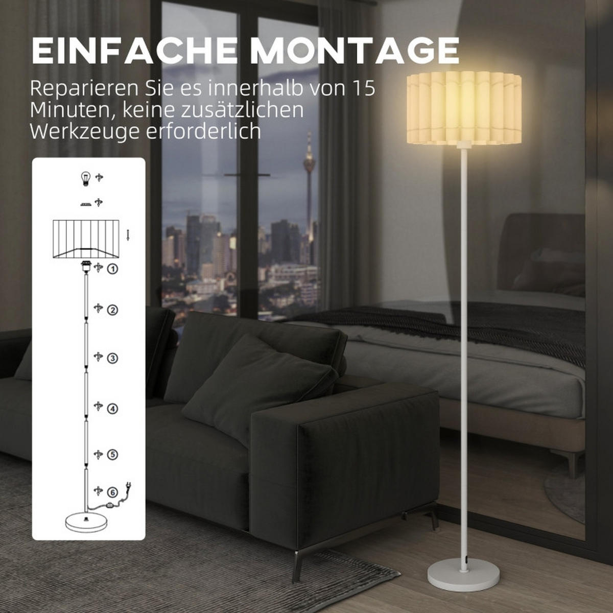 STEHLEUCHTE Weiße Stehlampe Ø35x153cm Wellenschirm mit Fußschalter-E27 Retro Standlampe - Weiß, Metall (35/35/153cm) - Raelunyi